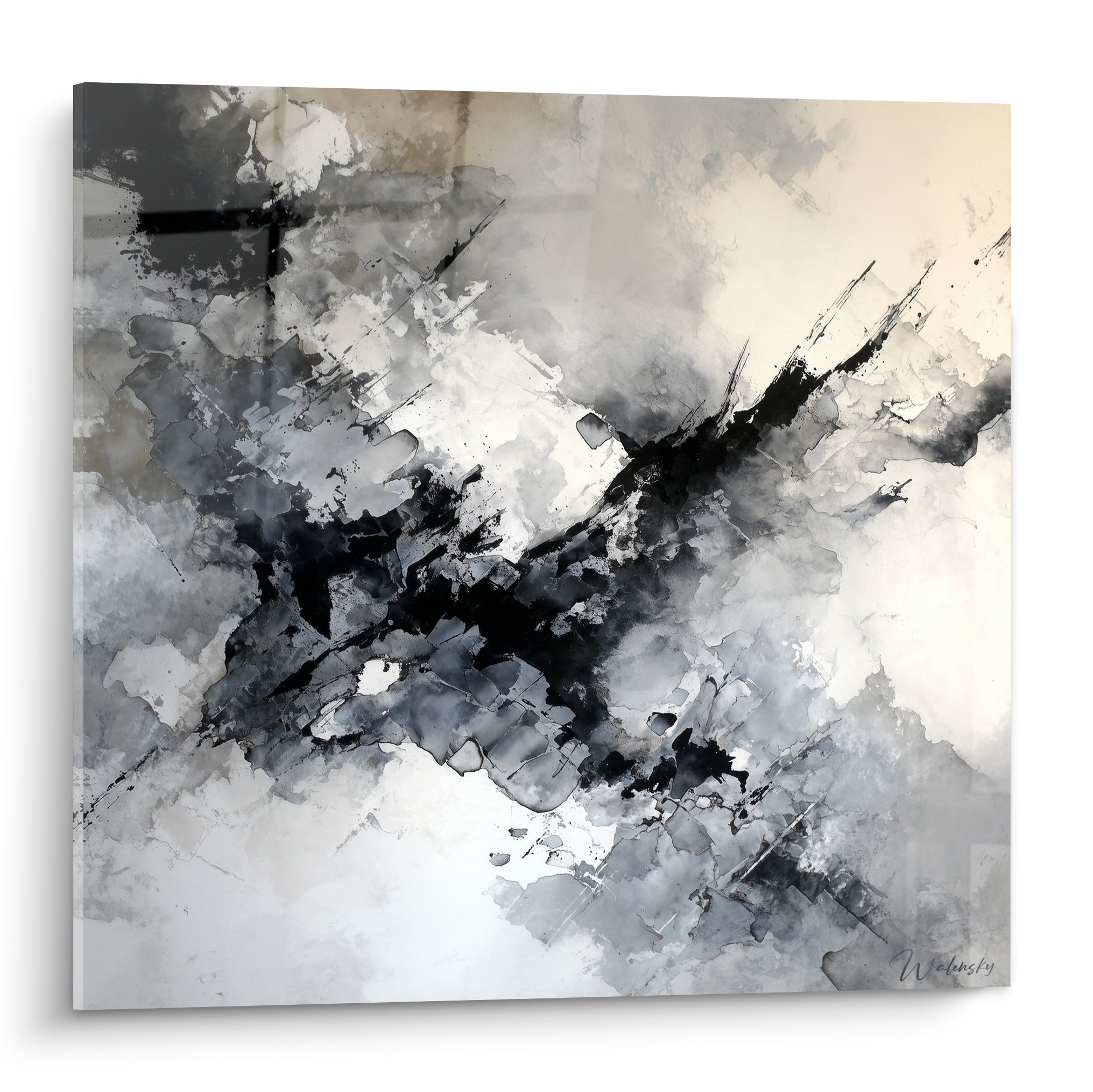 Tableau abstrait feng shui ouest metal noir gris blanc composition dynamique eclaboussures textures