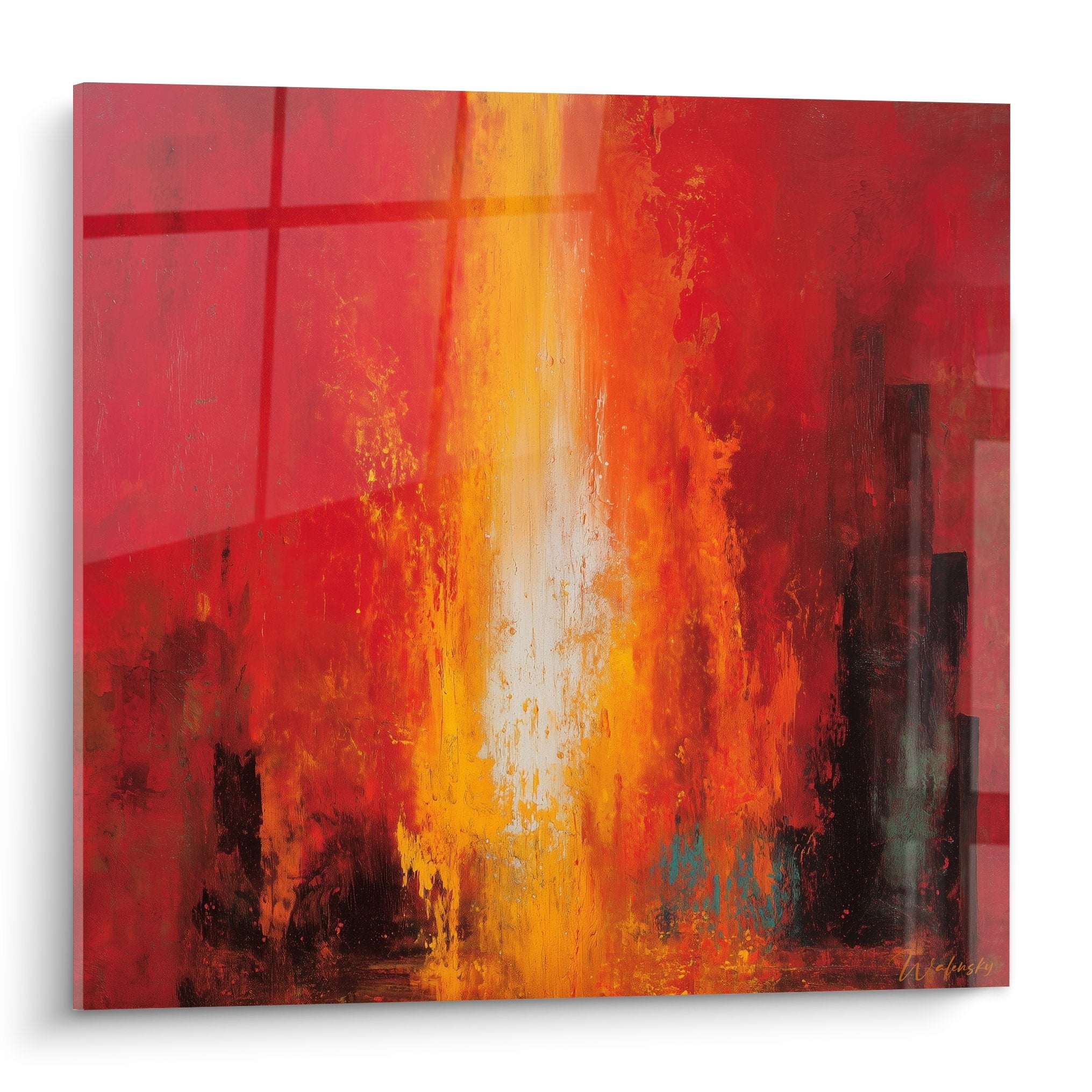 Tableau abstrait flammes oranges jaunes rouges sur motifs geometriques feng shui sud feu