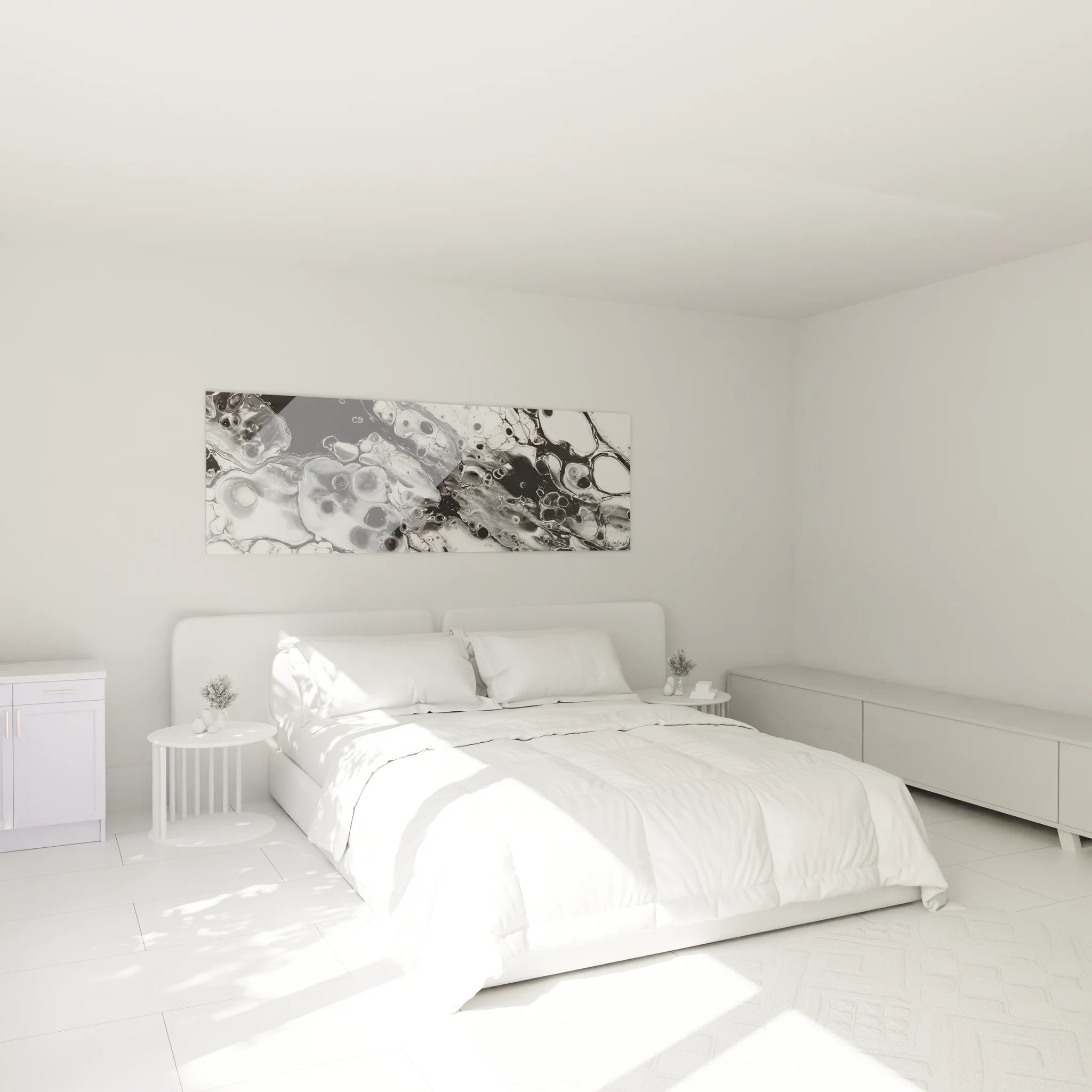 Ambiance chambre avec tableau abstrait fluide noir et blanc au-dessus du lit pour décor contemporain