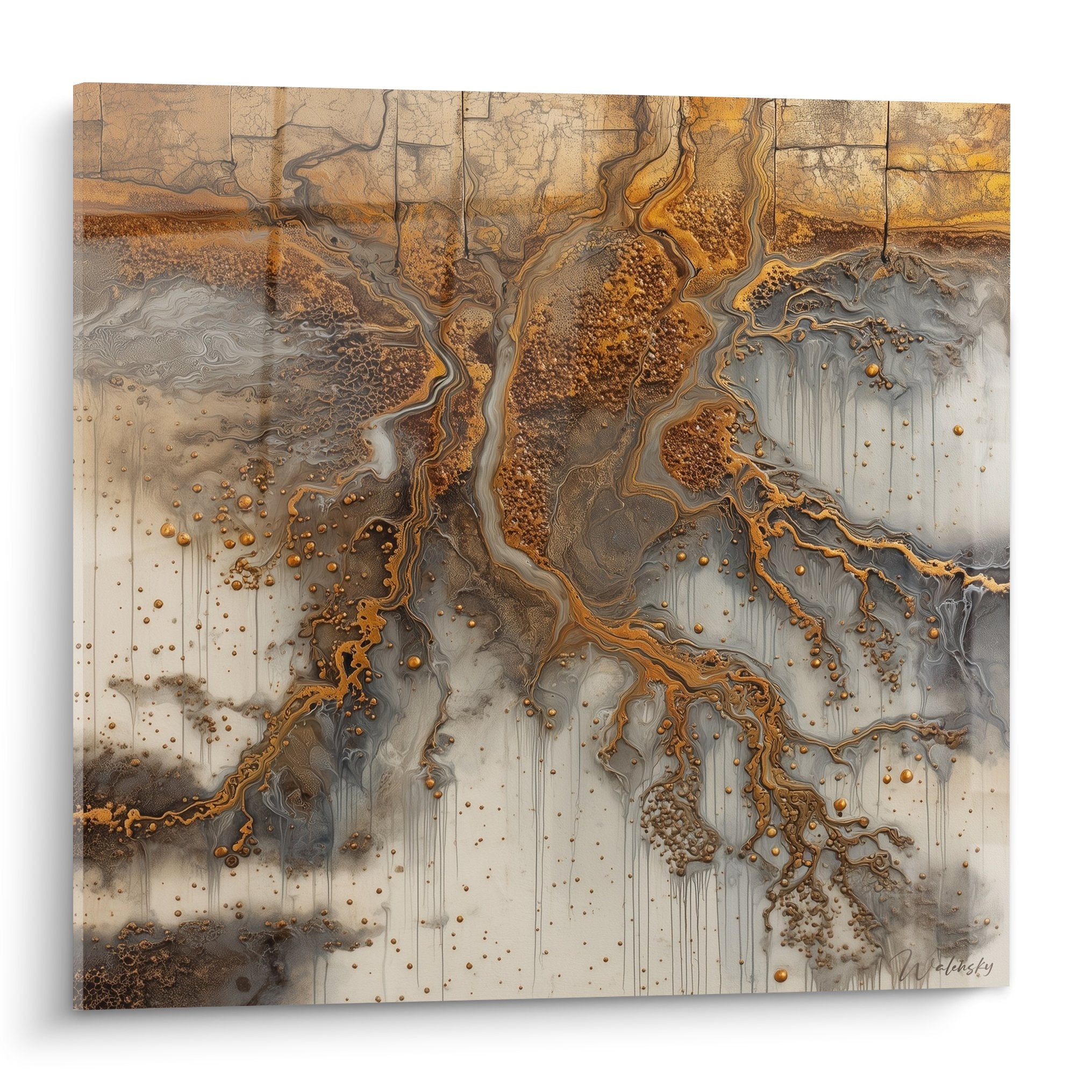 Abstract fluid painting gold and gray feng shui northeast earth wall art decor