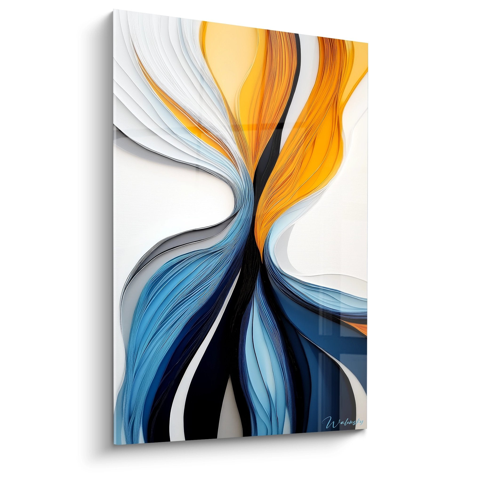 Tableau abstrait flux dynamiques bleu orange vortex moderne décoration murale contemporaine