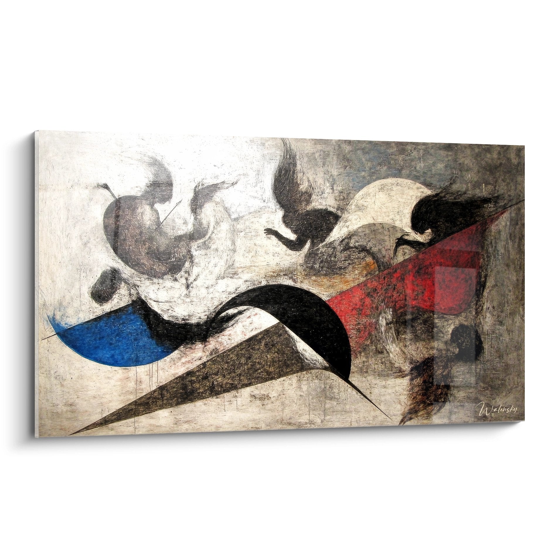 Tableau abstrait formes colorées dynamiques rouge bleu beige style peinture moderne art mural décoratif