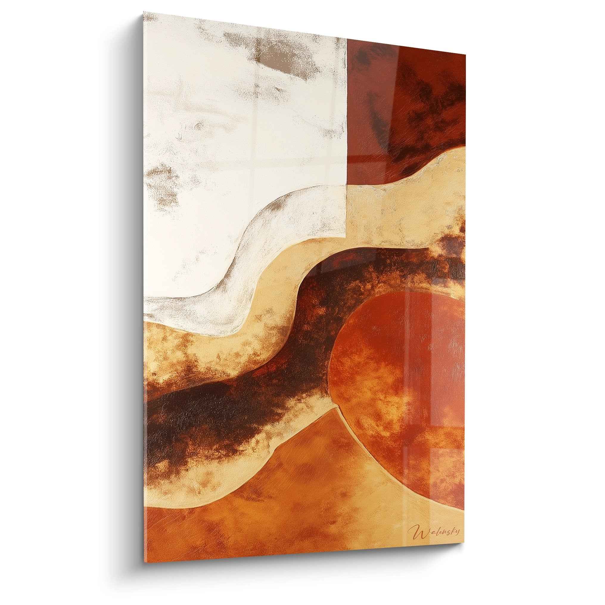 Tableau abstrait formes organiques fluides tons terre sienne ocre rouge brique beige composition geometrique