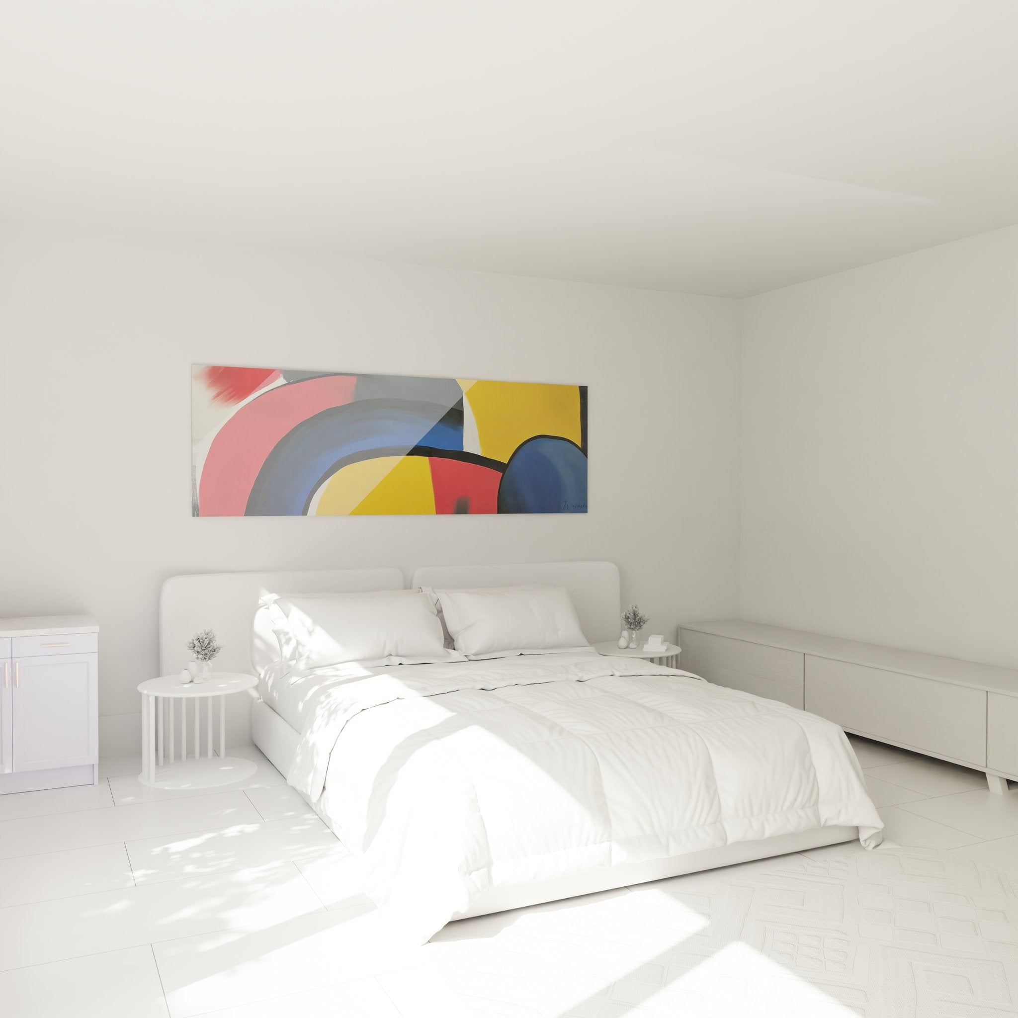 Tableau géométrique abstrait coloré dans ambiance chambre moderne avec décoration contemporaine