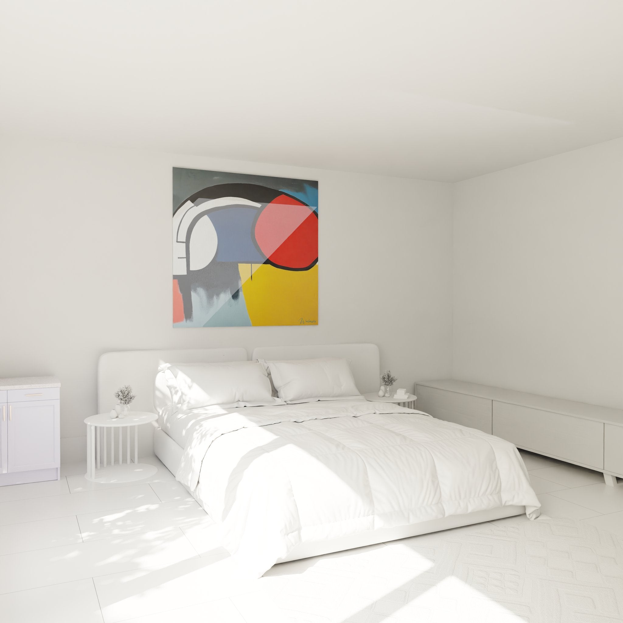 Tableau géométrique abstrait coloré installé dans chambre moderne ambiance décorative contemporaine