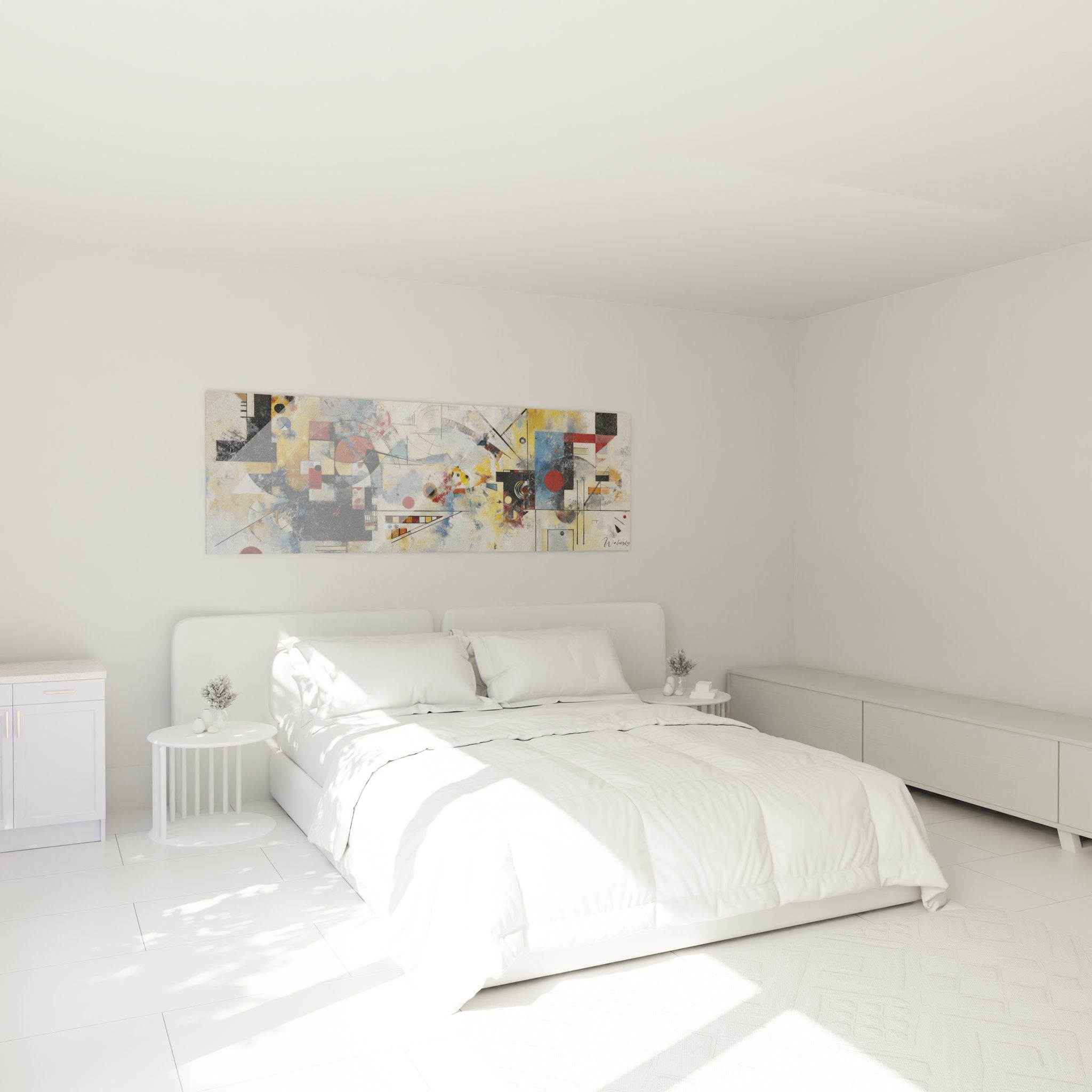 Tableau composition abstraite géométrique décorant une chambre moderne avec formes colorées et design contemporain