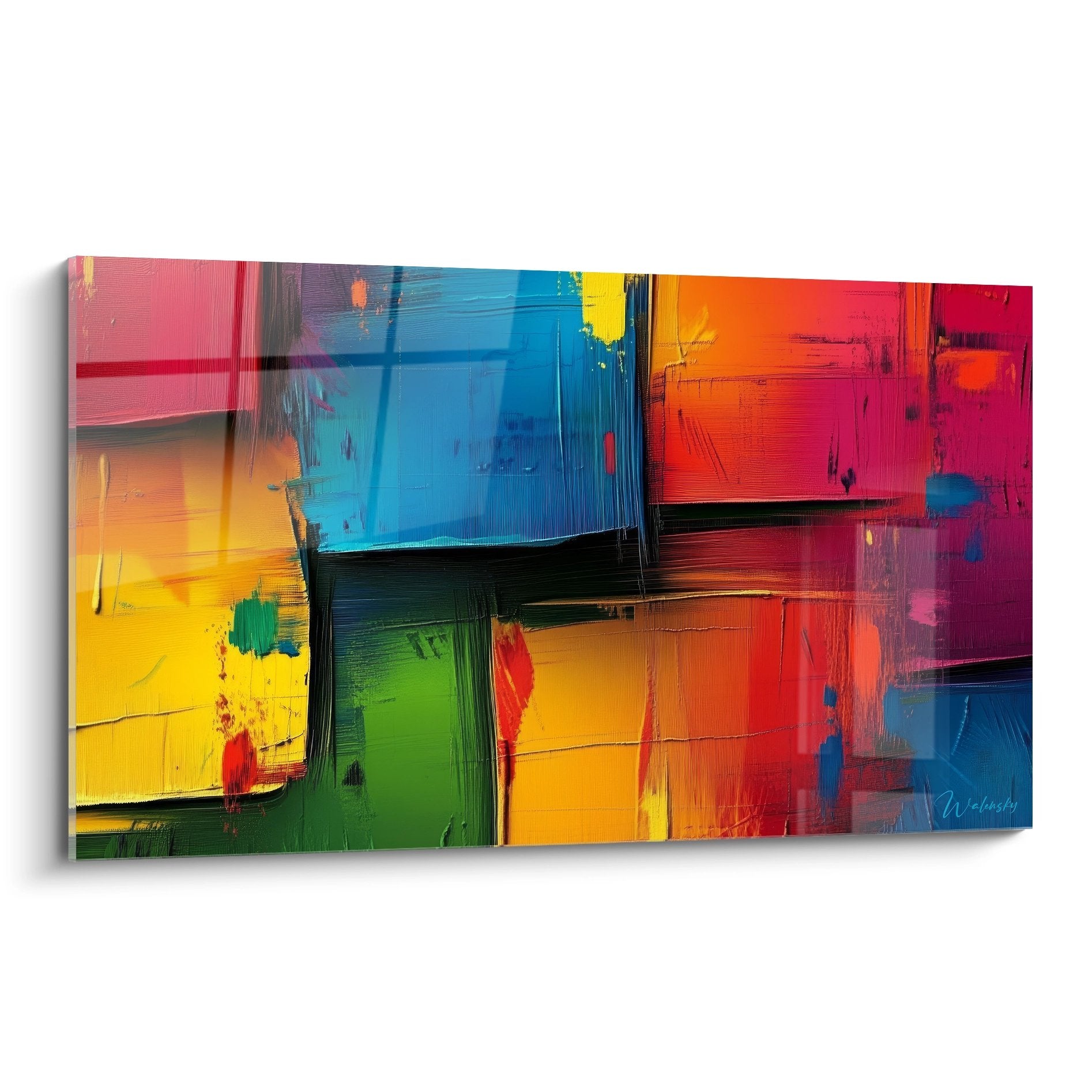 Tableau abstrait géométrique coloré avec formes rectangulaires bleues jaunes rouges style moderne