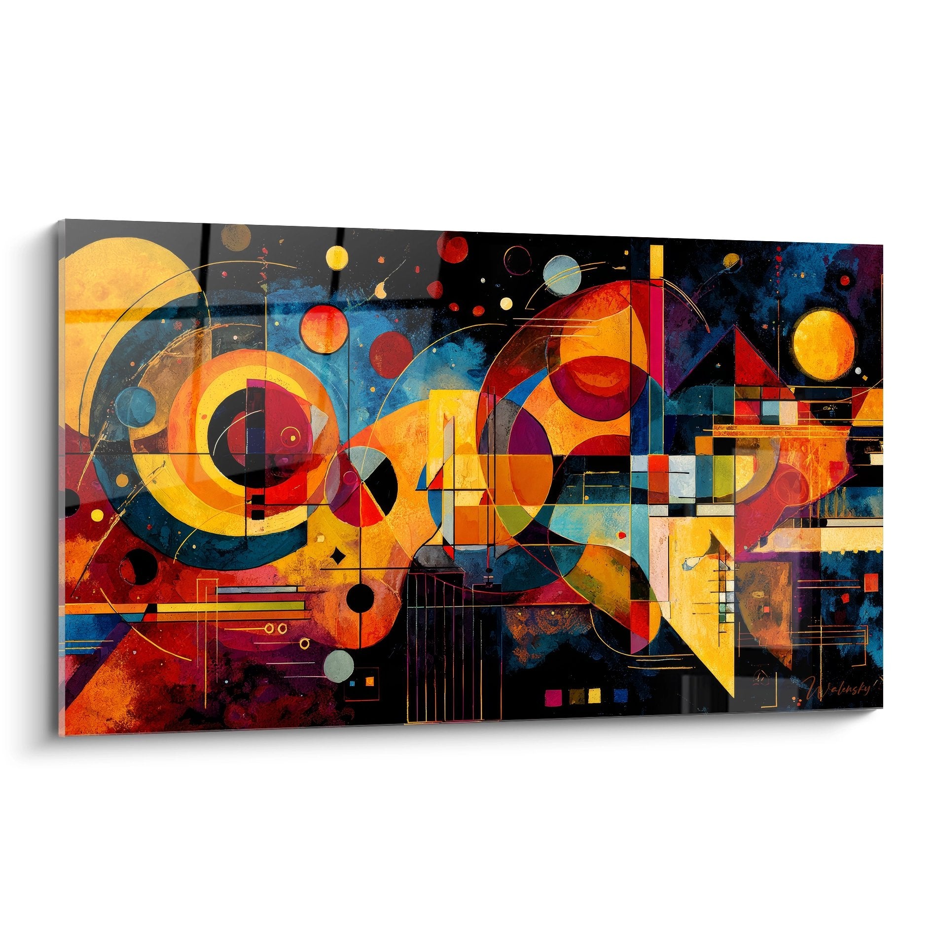 Tableau abstrait géométrique coloré avec formes cosmiques cercles et rectangles multicolores
