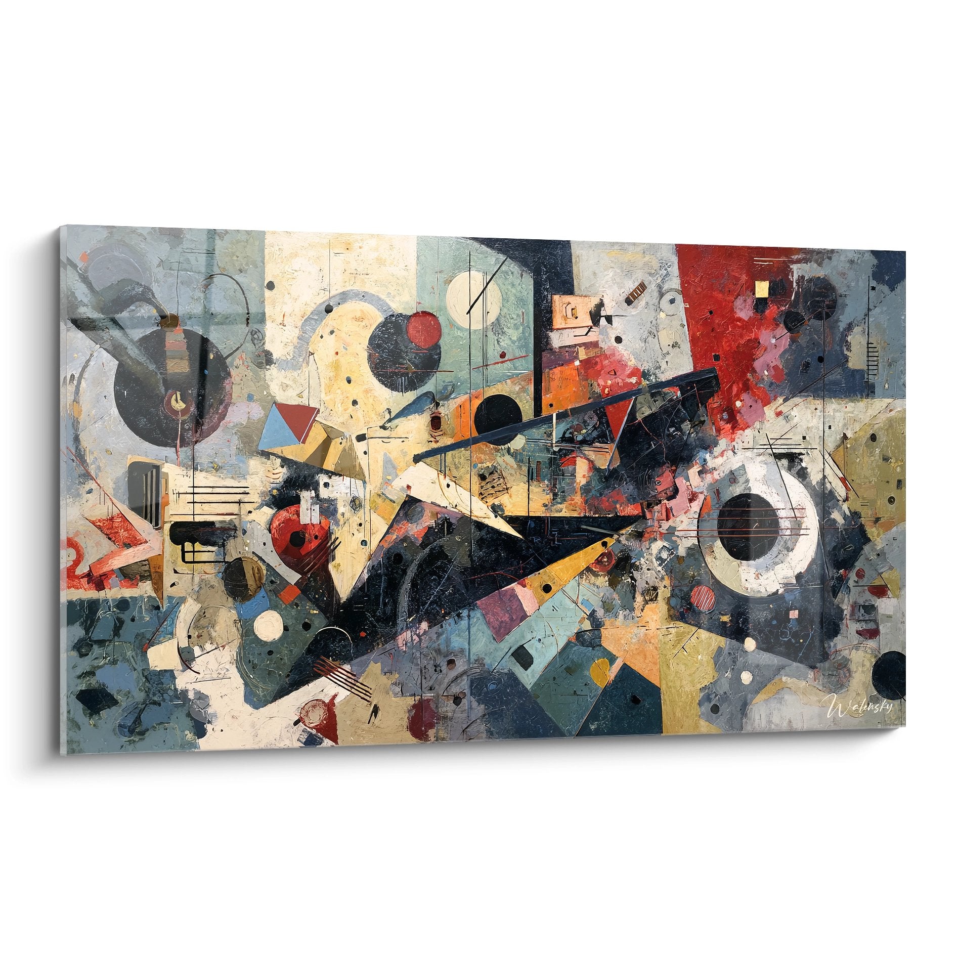 Tableau mural abstrait géométrique avec formes dynamiques colorées et composition moderne