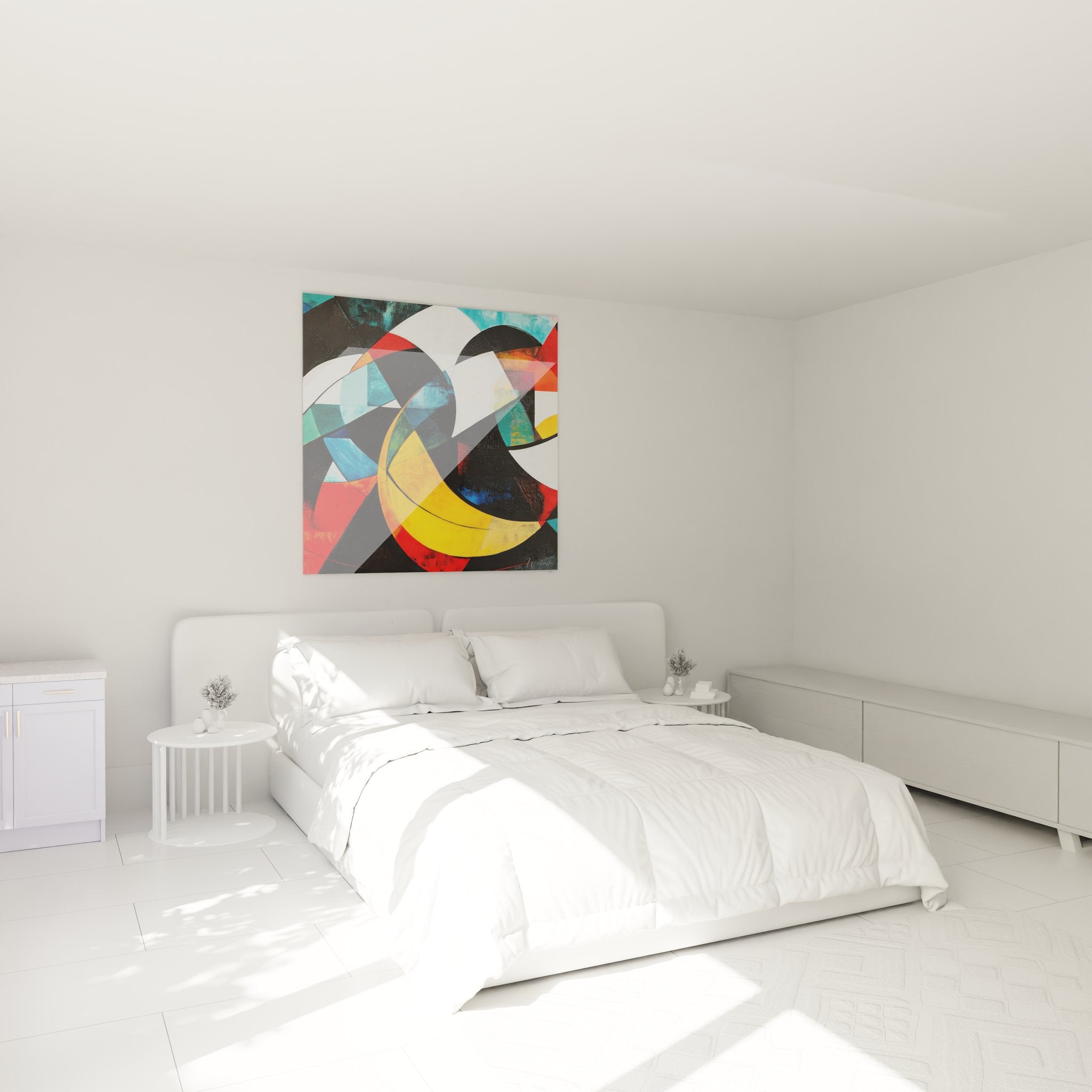 Tableau géométrique abstrait aux cercles colorés décorant une chambre moderne avec lit et mobilier contemporain