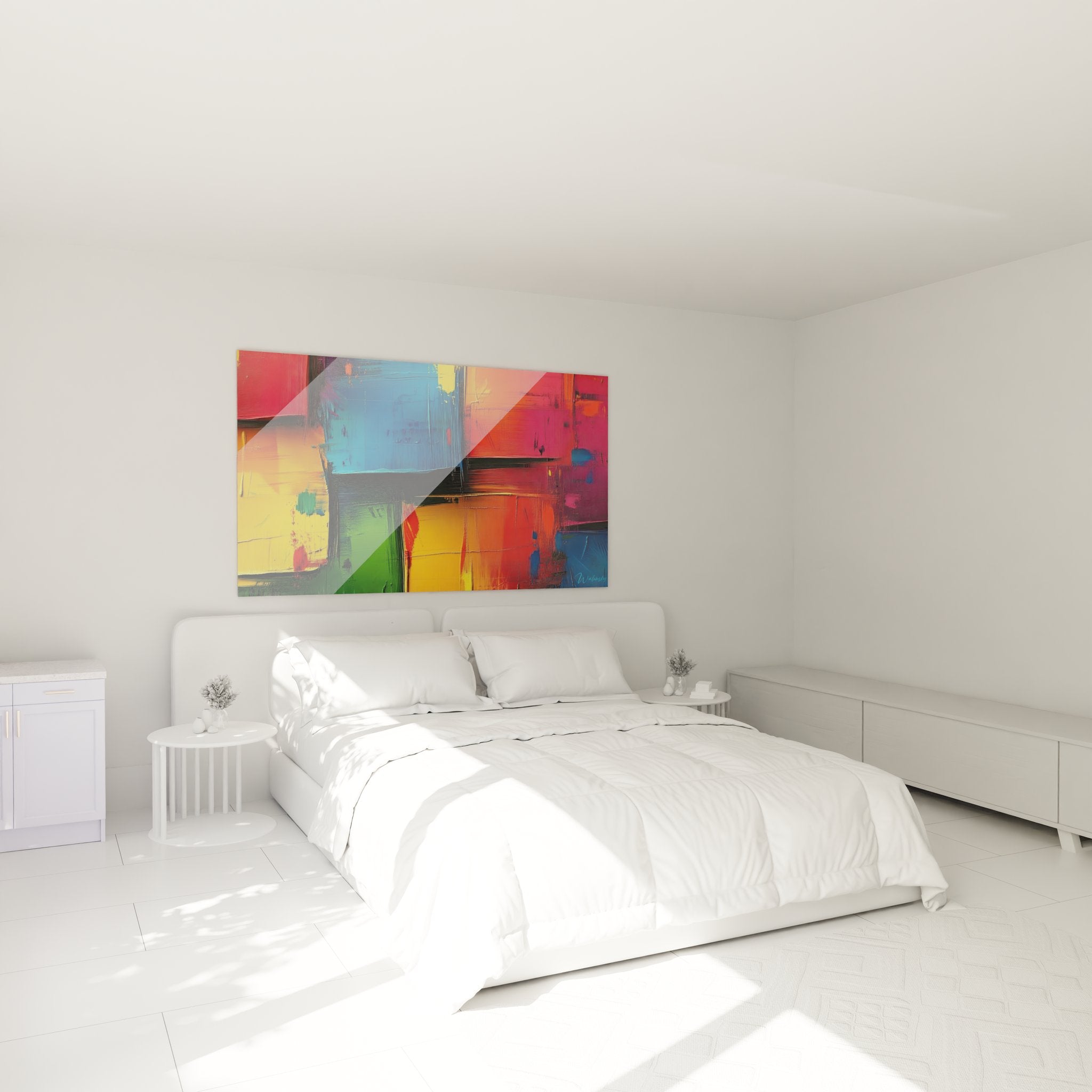 Tableau mural abstrait géométrique coloré décorant une chambre moderne avec style contemporain