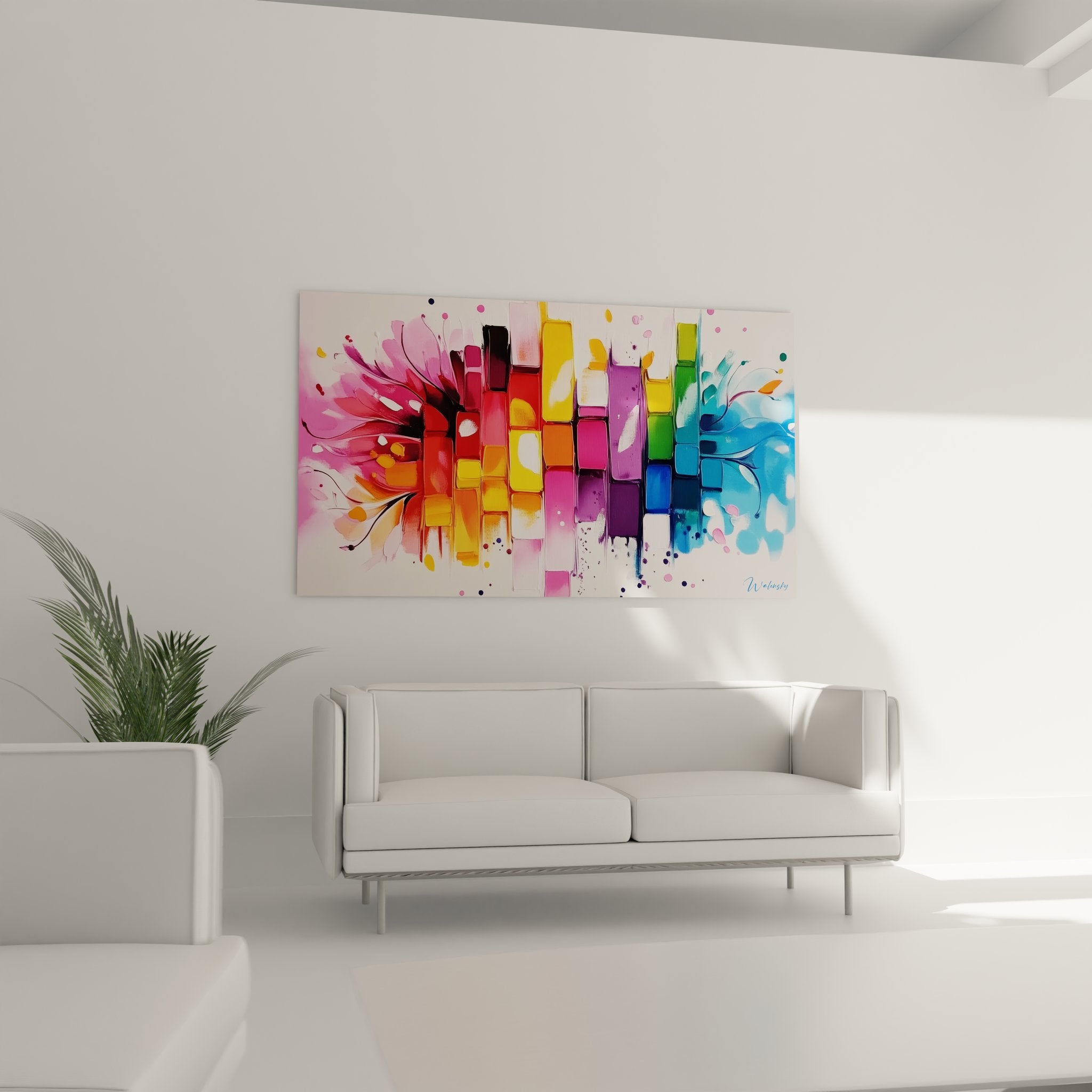 Gros plan tableau abstrait géométrique montrant détails cubes colorés et effets de matière