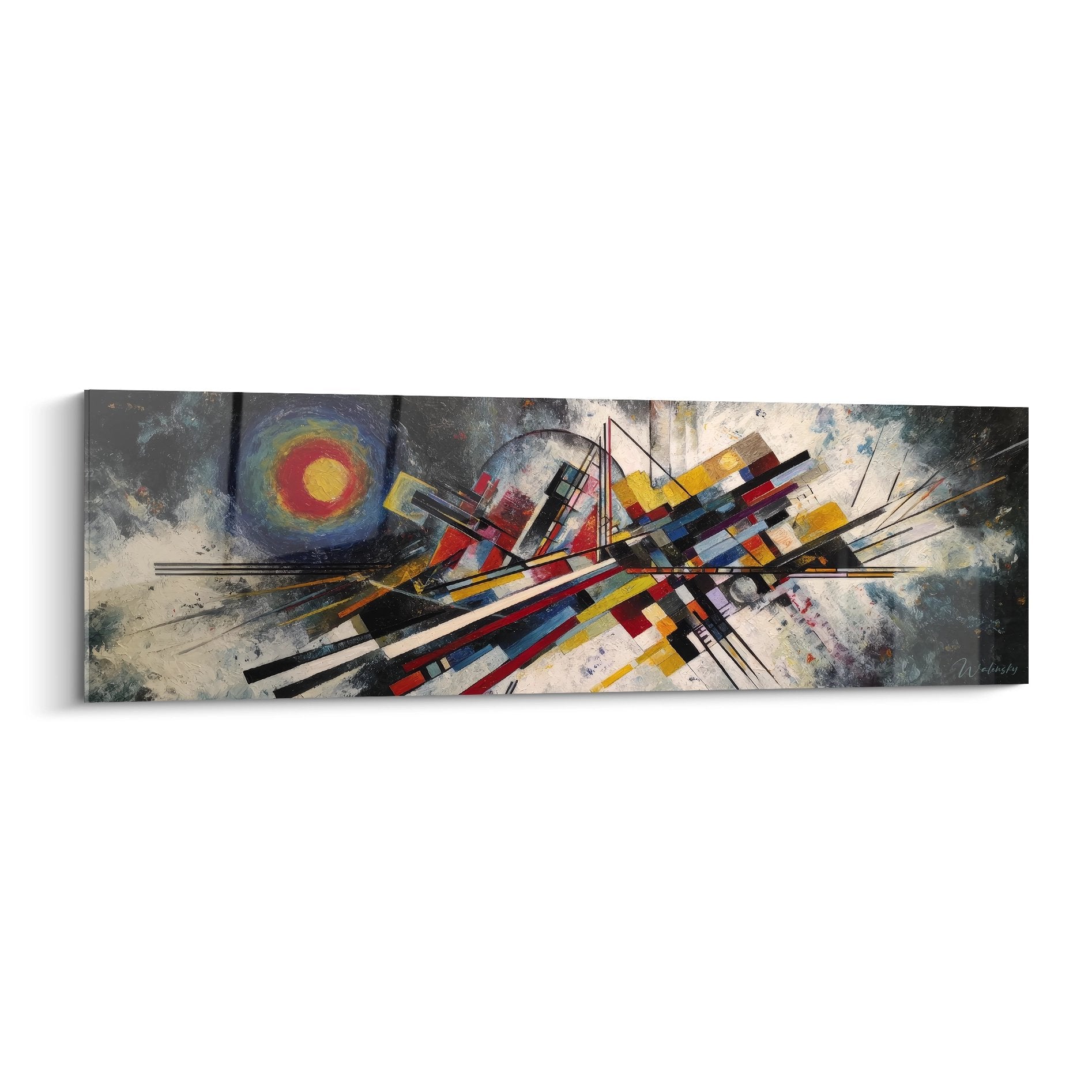 Tableau abstrait géométrique aux formes colorées dynamiques et composition explosive moderne