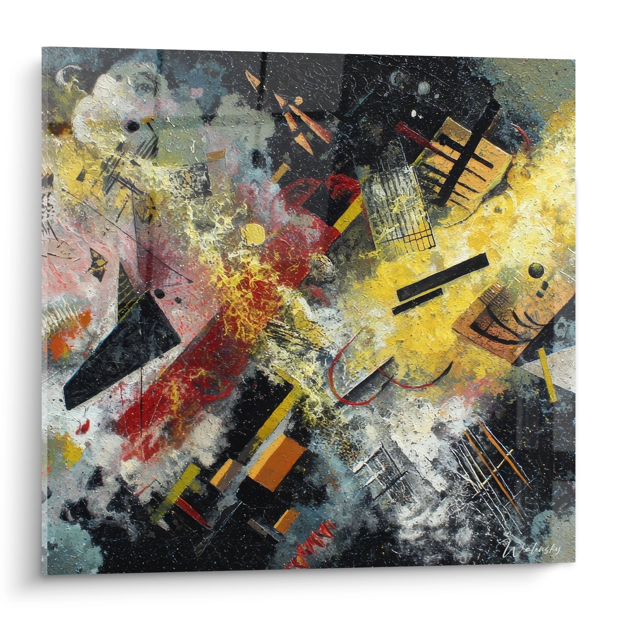 Tableau abstrait géométrique avec formes explosives jaunes noires rouges composition dynamique moderne