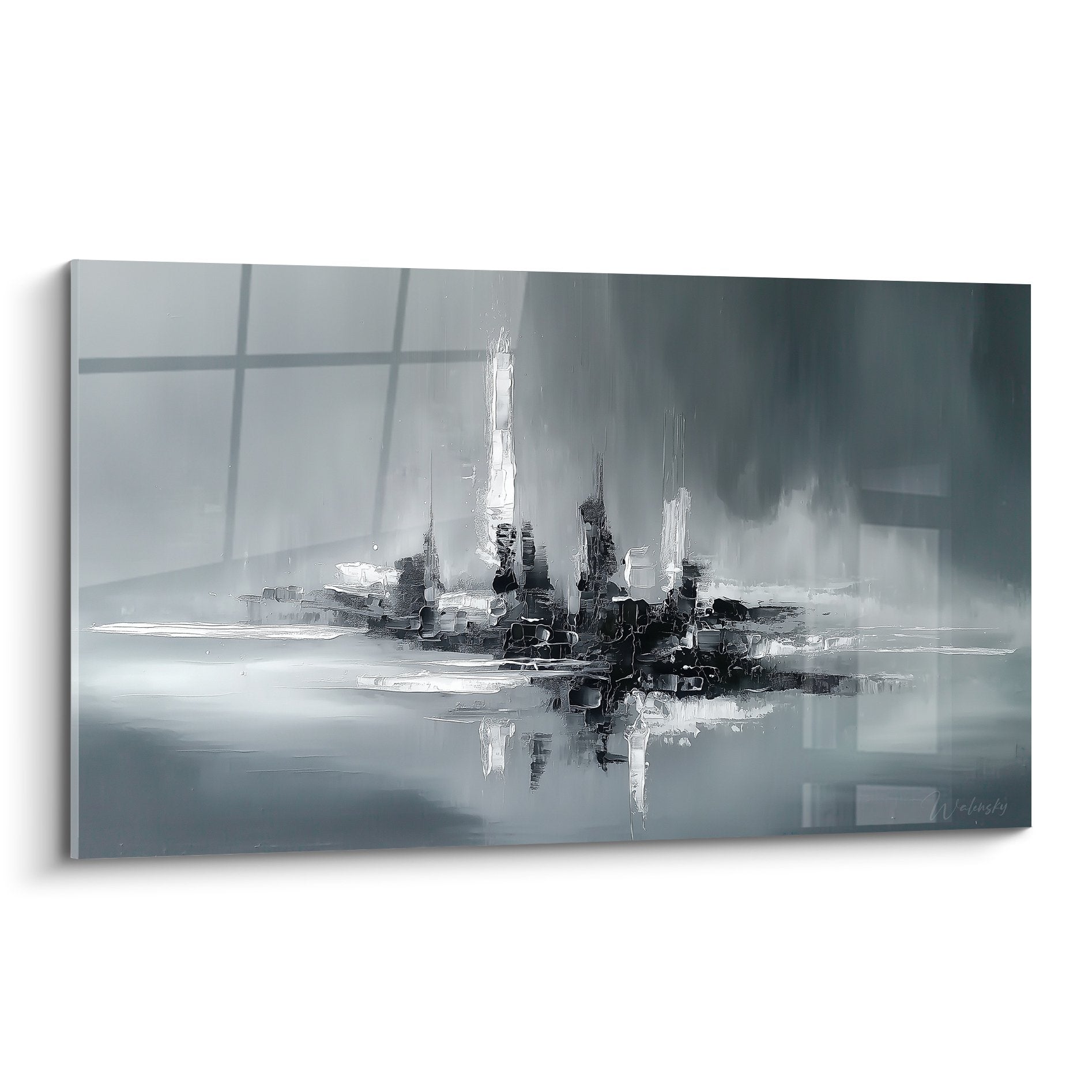 Abstract geometric wall art with grey and white tones, modern feng shui metal composition