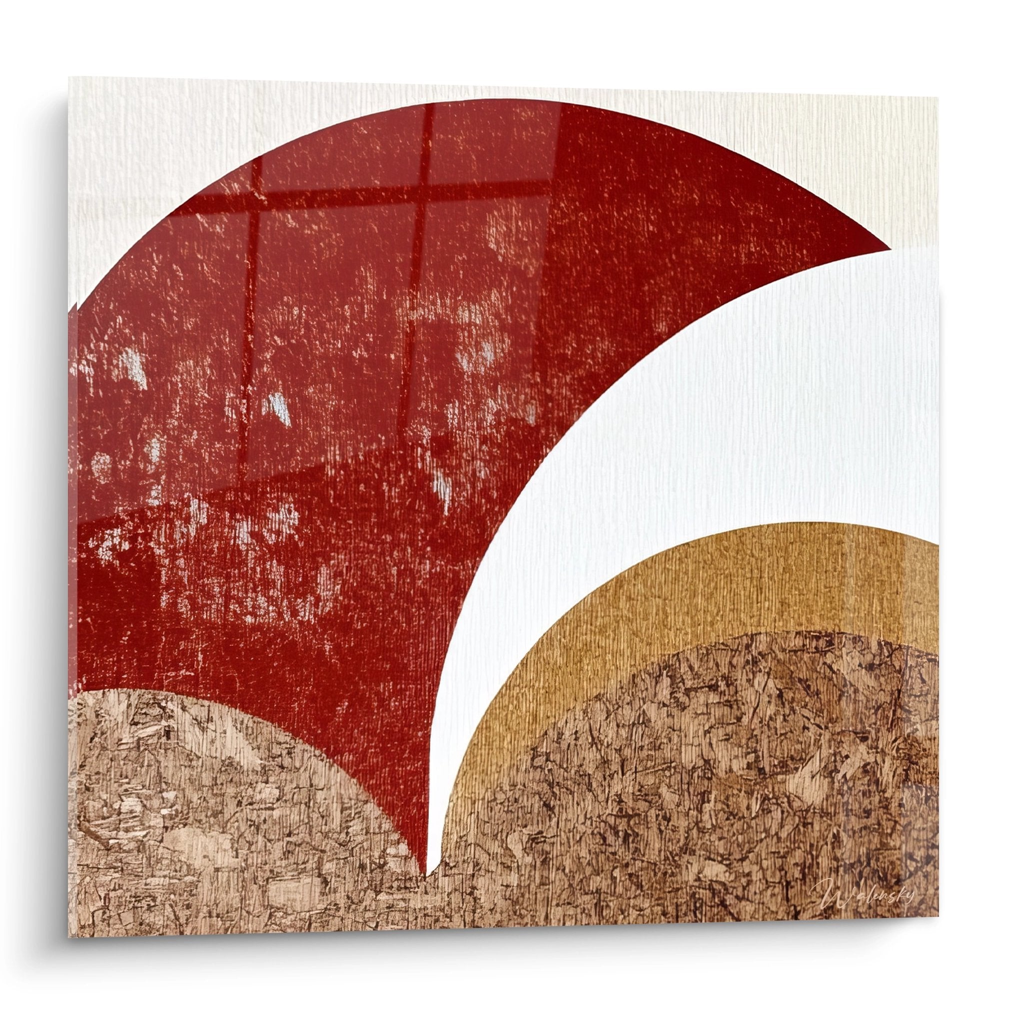 Tableau abstrait minimaliste formes géométriques rouge ocre sur fond blanc art contemporain