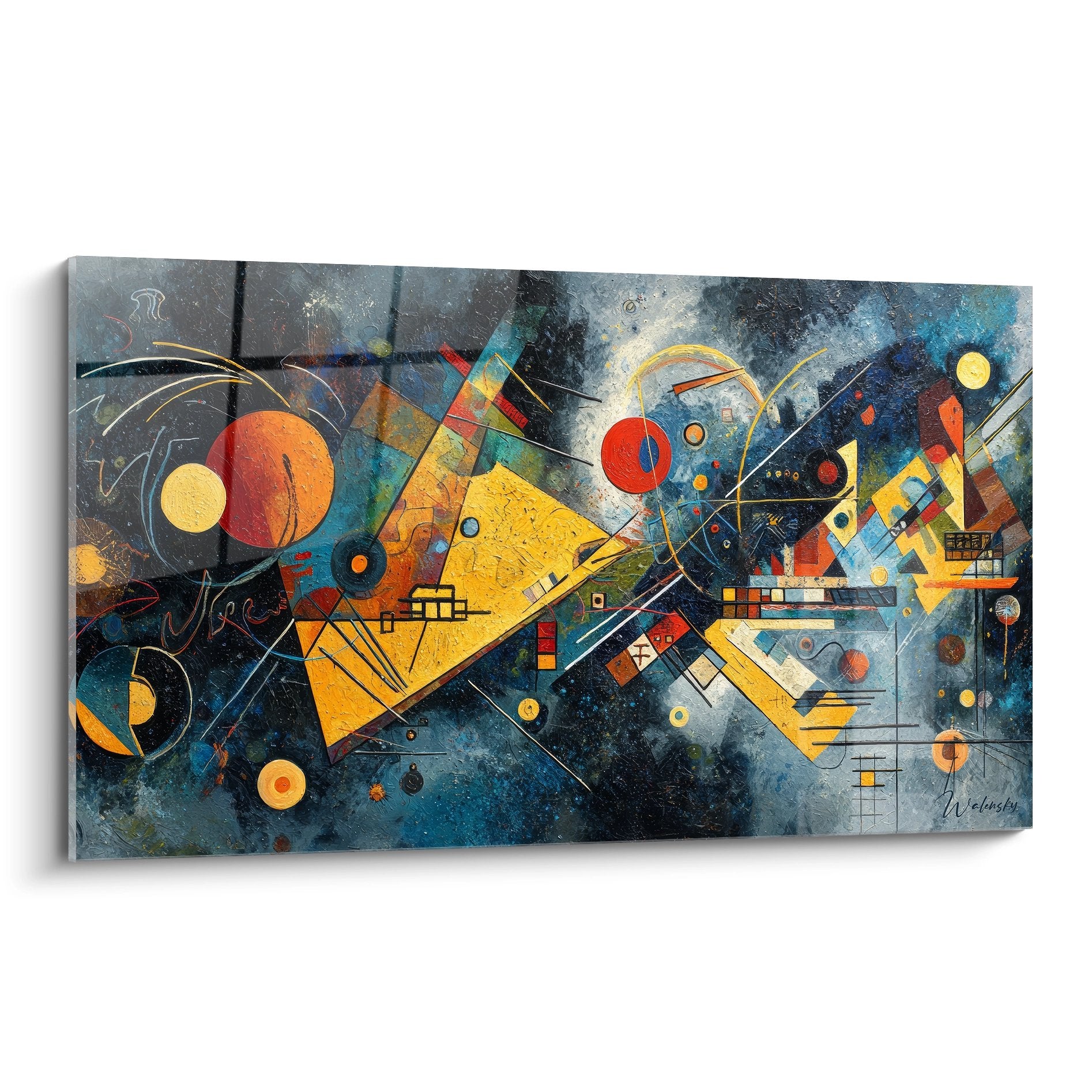 Tableau abstrait géométrique moderne aux formes colorées dynamiques sur fond bleu cosmique