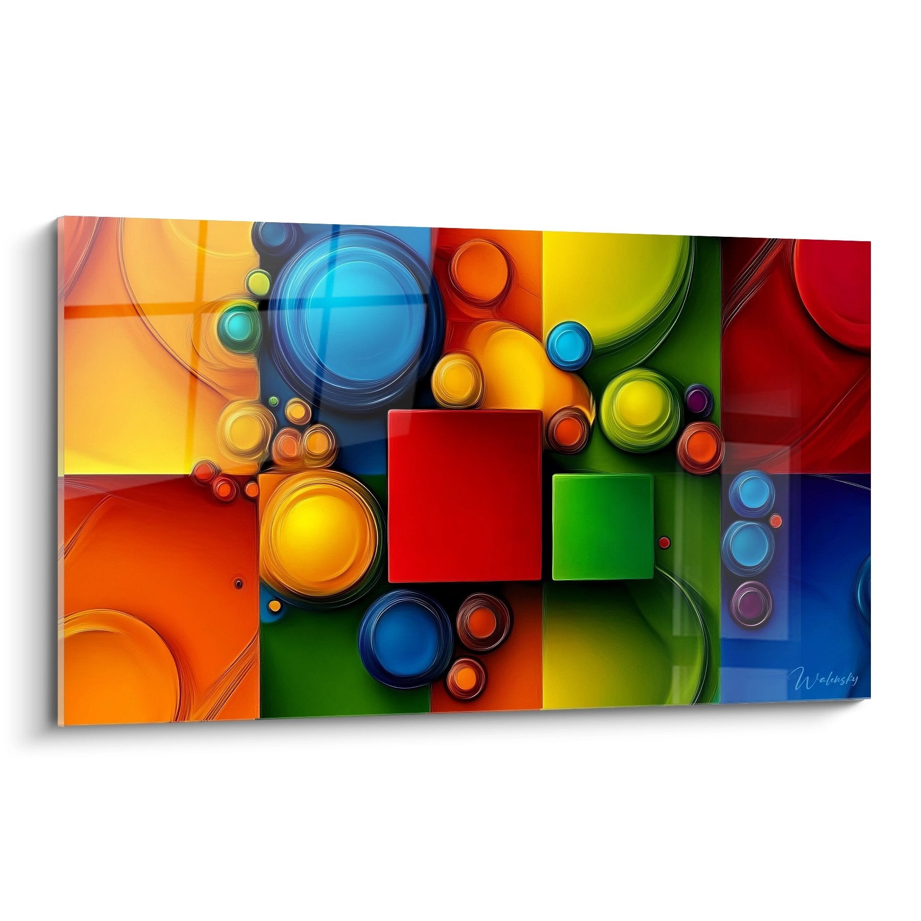 Tableau abstrait multicolore avec cercles et carrés géométriques colorés art mural moderne