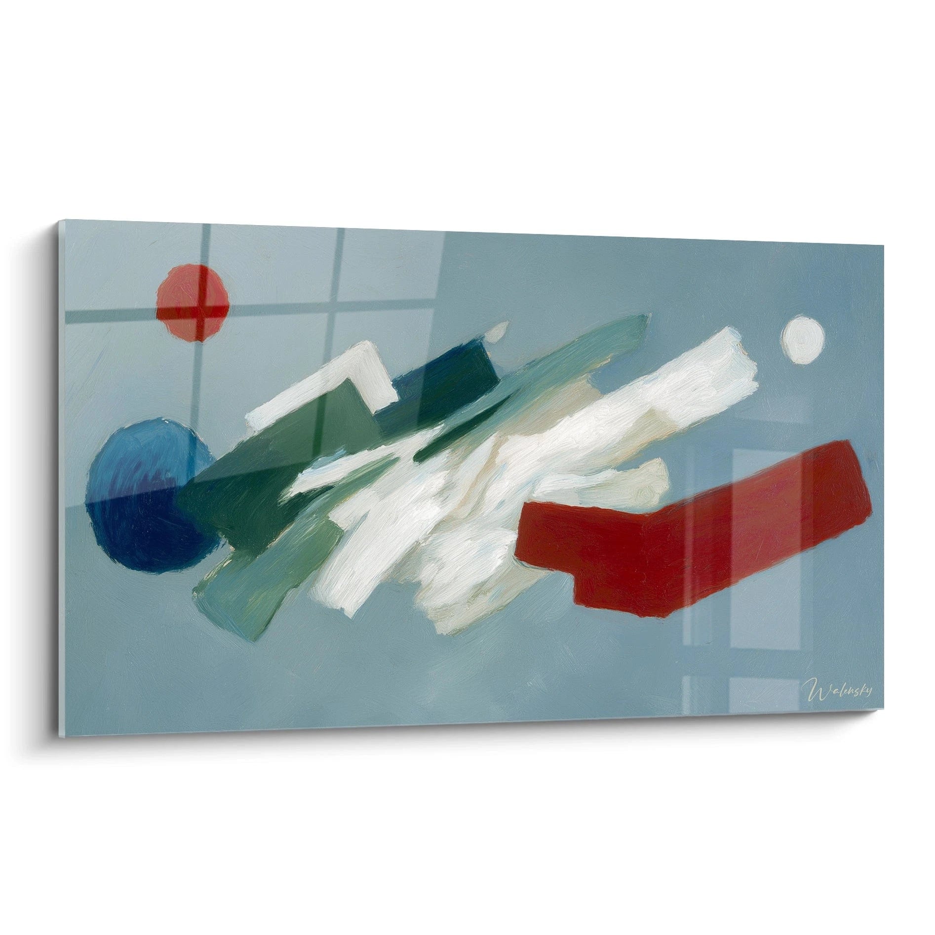 Tableau mural Walensky tableau abstrait géométrique bleu gris avec formes rouges disque bleu et coups de peinture blancs