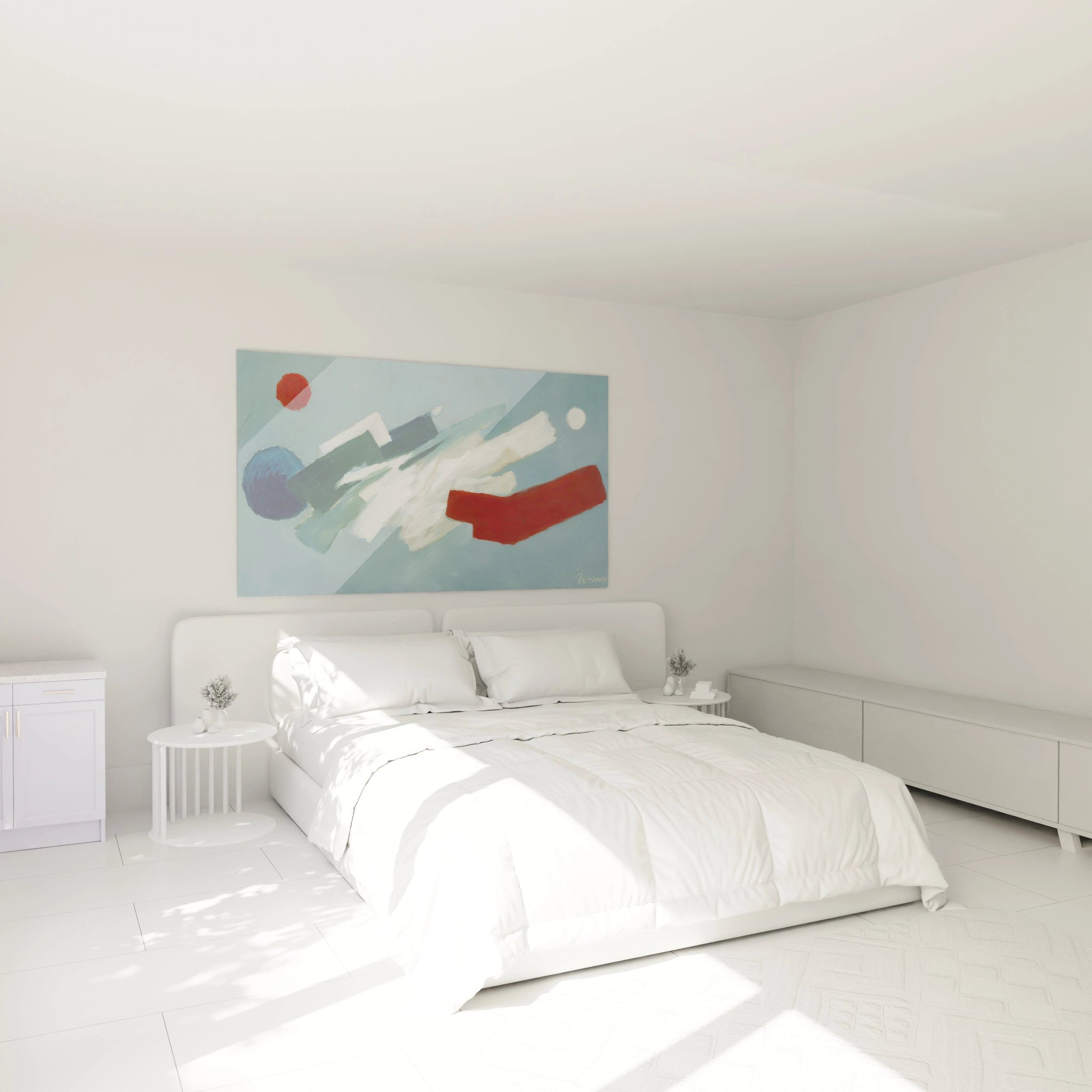 Walensky tableau abstrait géométrique mural au dessus d un lit moderne blanc dans chambre minimaliste