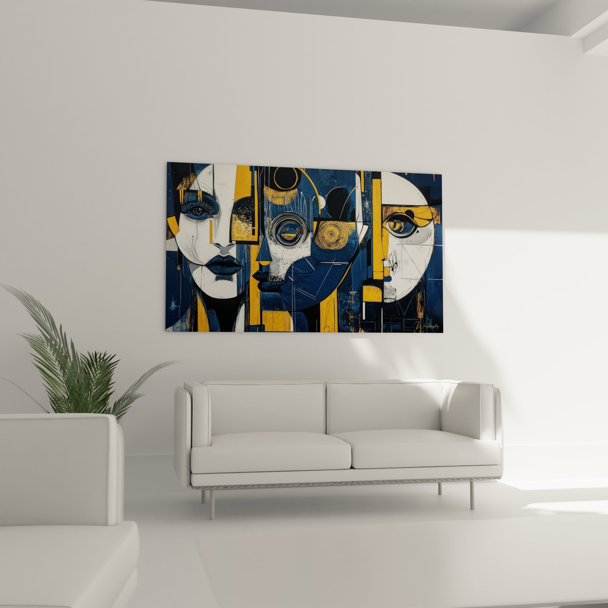 Détail gros plan tableau abstrait géométrique montrant fragmentation cubiste des visages colorés