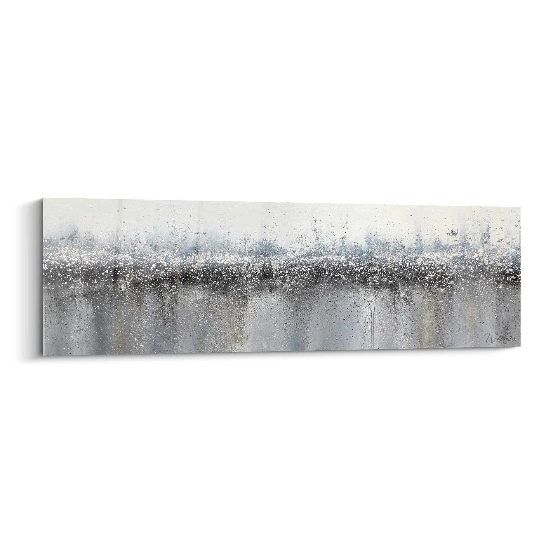Tableau abstrait horizontal gris blanc avec éclats dorés, composition brumeuse minimaliste feng shui ouest métal