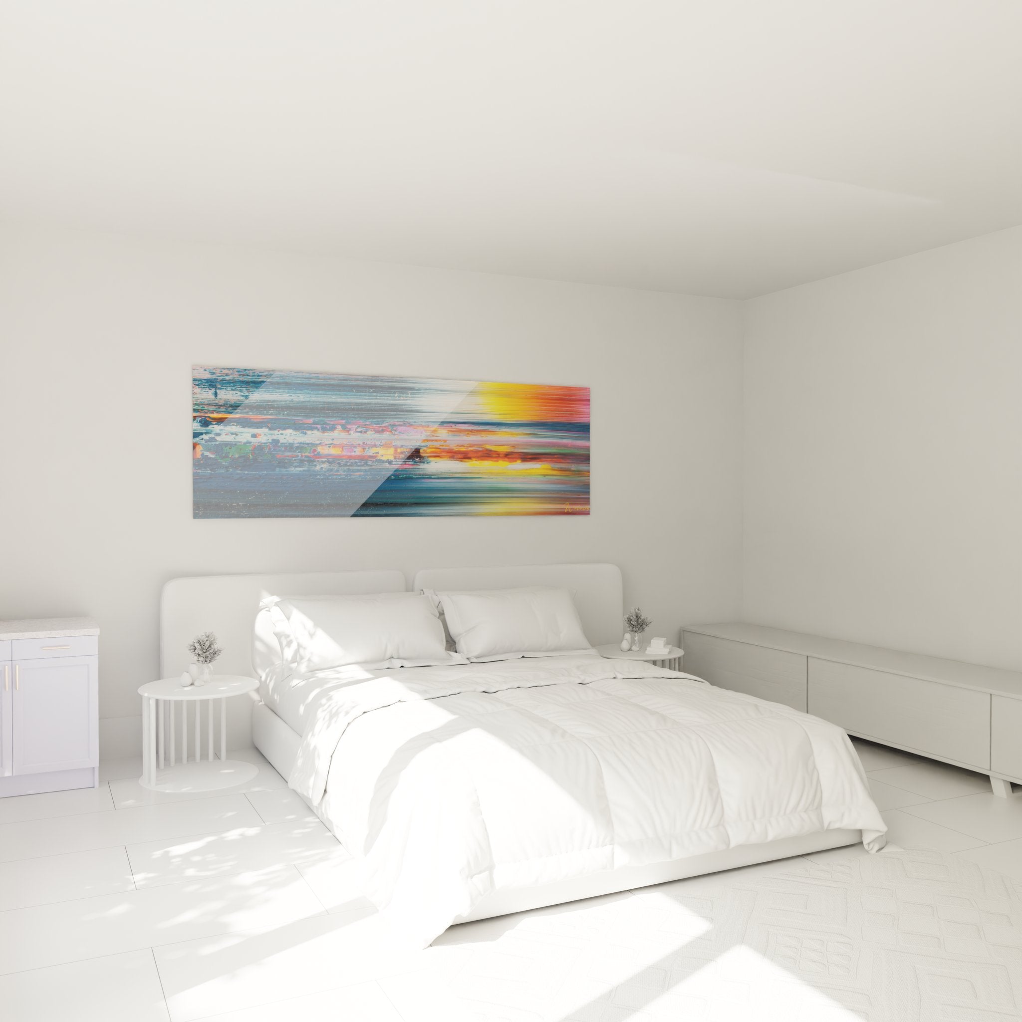 Ambiance chambre avec tableau abstrait horizon vibrant style raclé décoration murale moderne