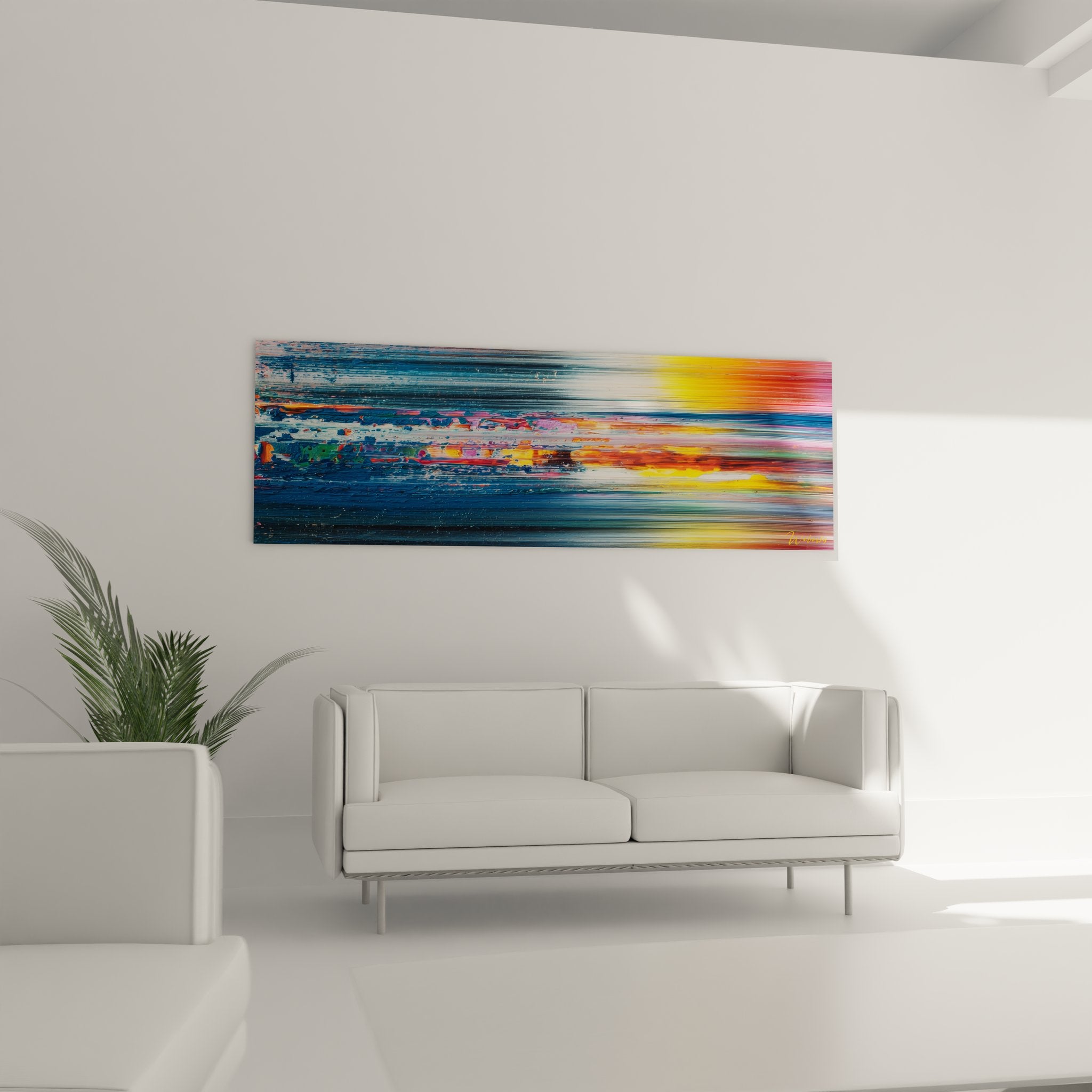 Gros plan texture tableau abstrait style raclé détails couleurs éclatantes horizon vibrant