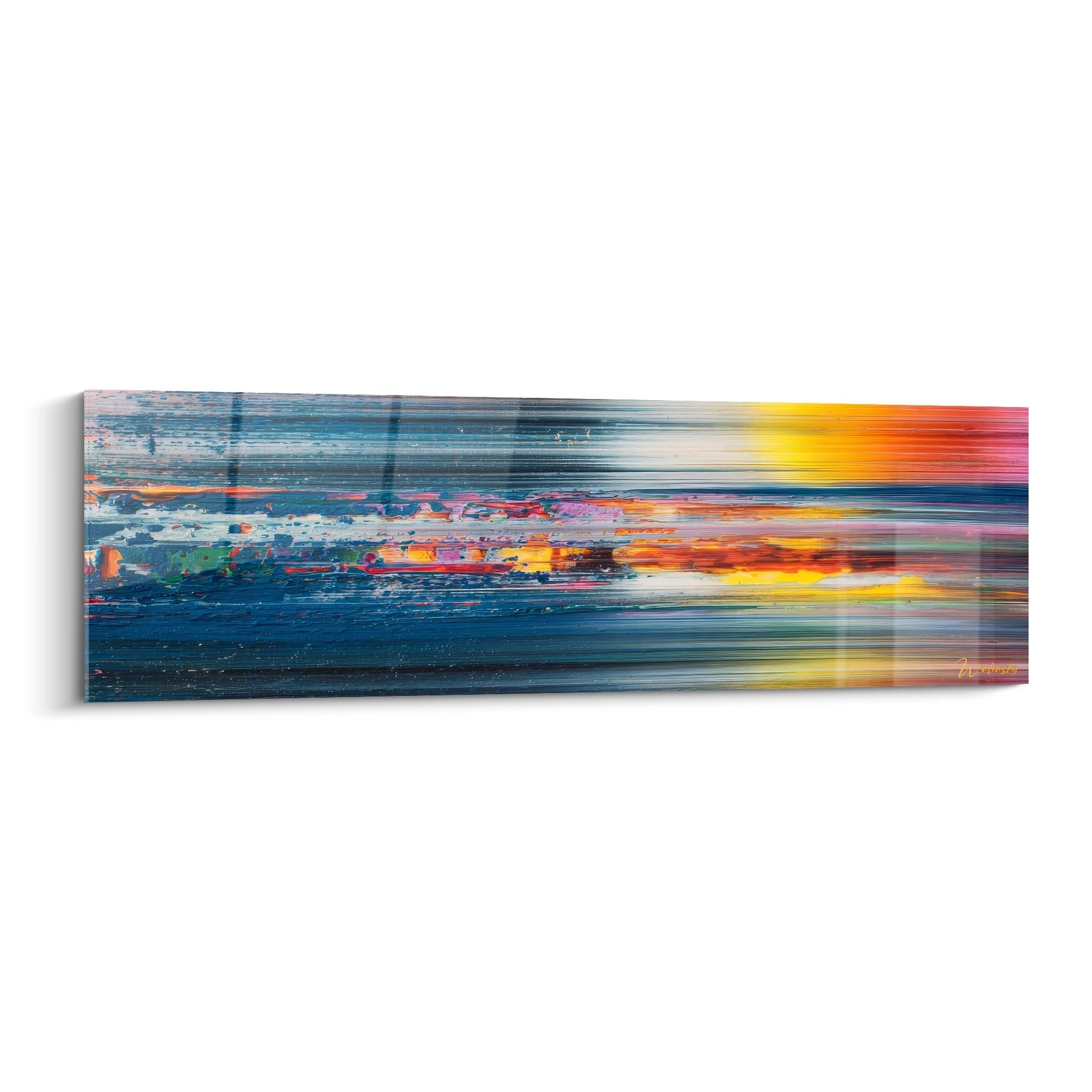 Tableau abstrait style raclé horizon vibrant couleurs chaudes et froides art mural moderne