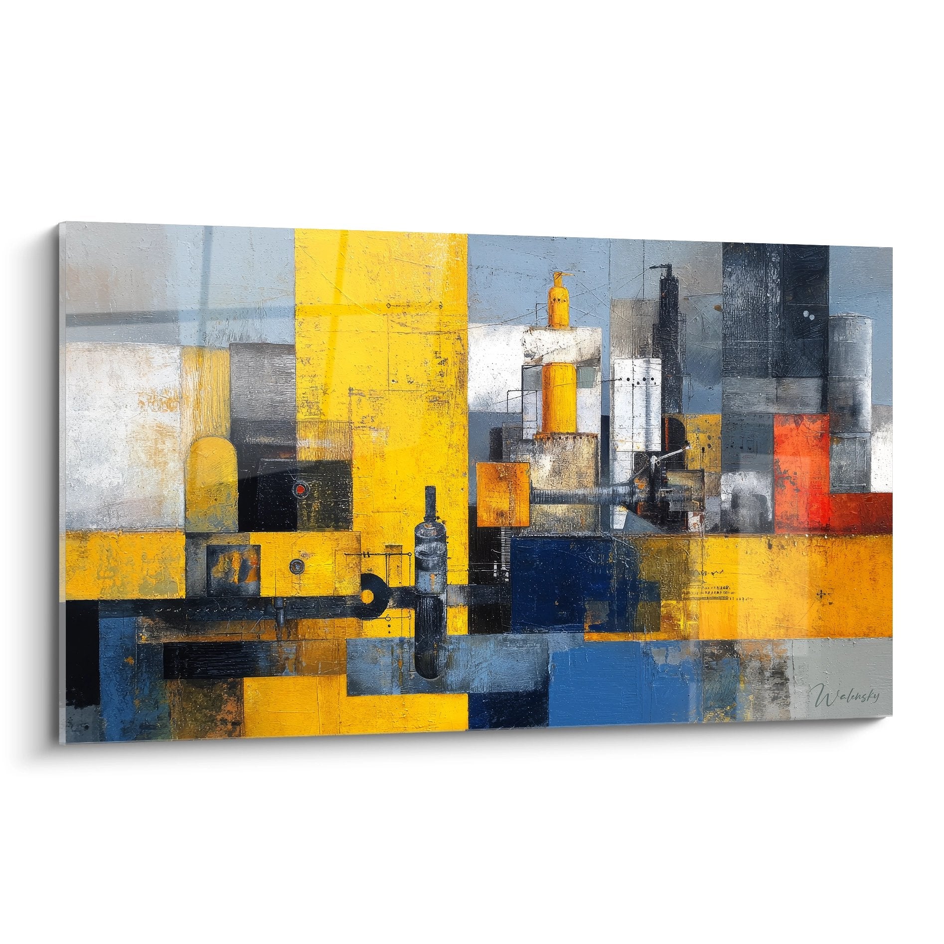 Tableau abstrait industriel aux tons jaunes et bleus évoquant structures mécaniques urbaines