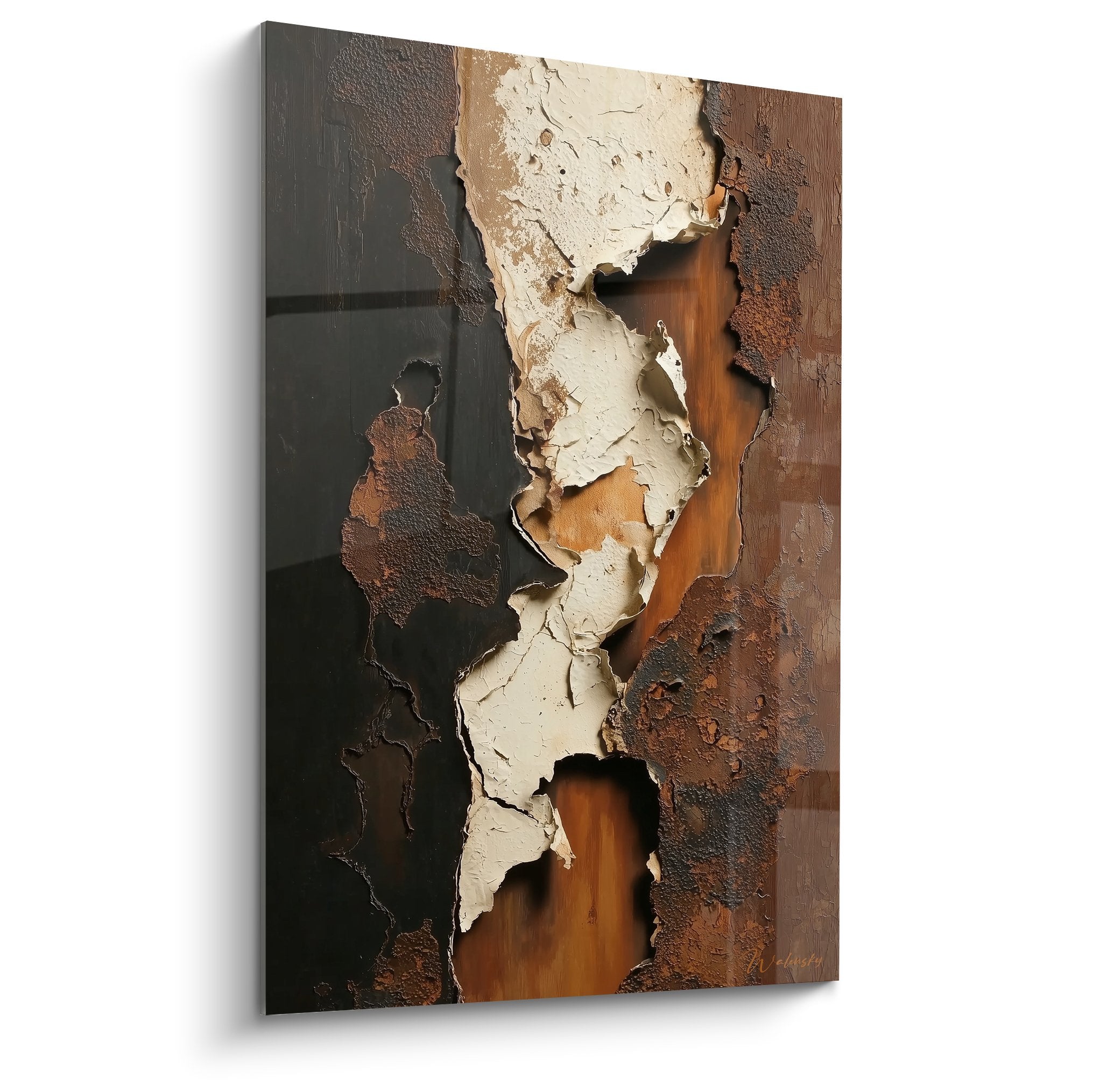 Tableau abstrait matières écorchées tons ocre brun blanc relief sculptural feng shui centre terre