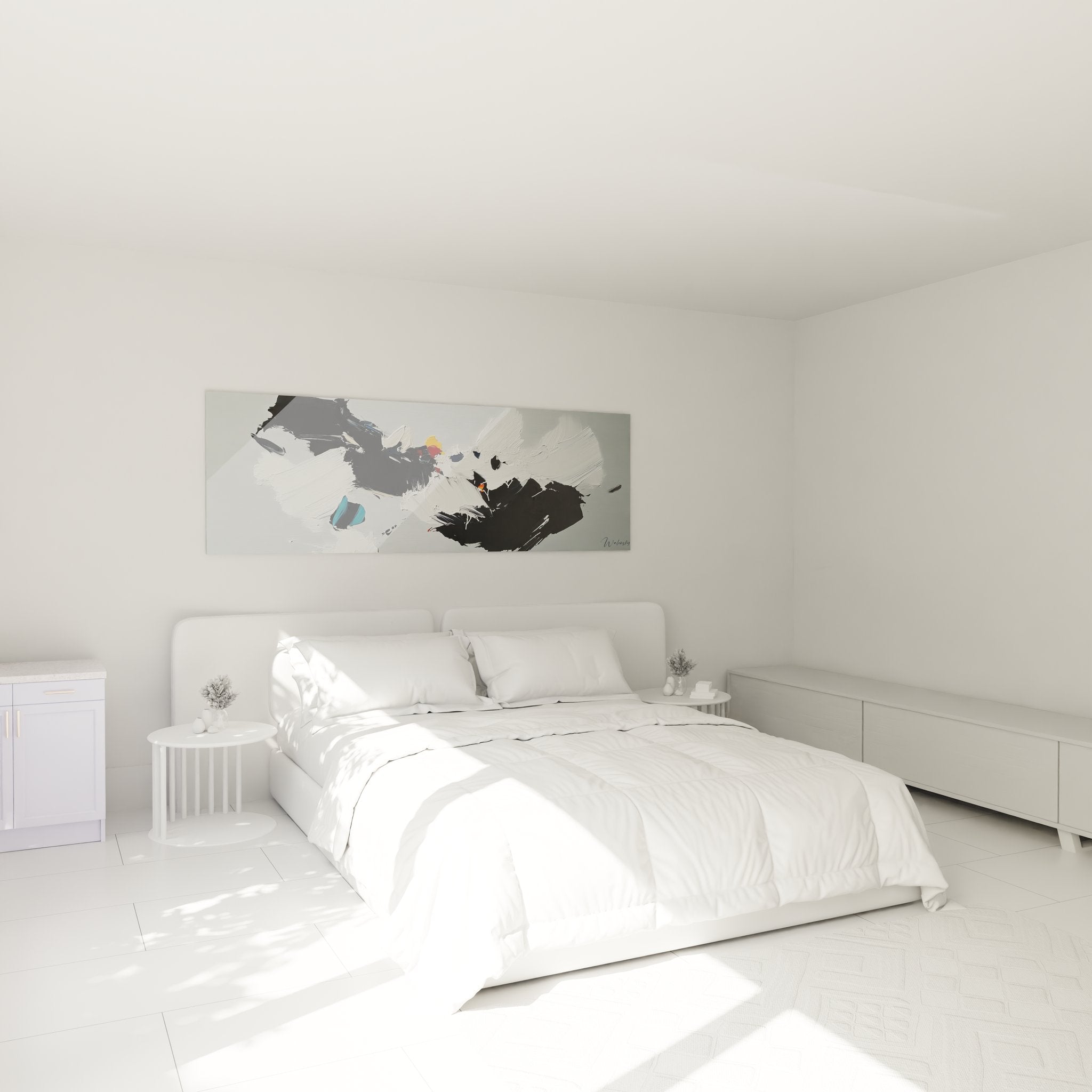 Ambiance chambre avec tableau abstrait minimaliste noir blanc, décoration murale contemporaine