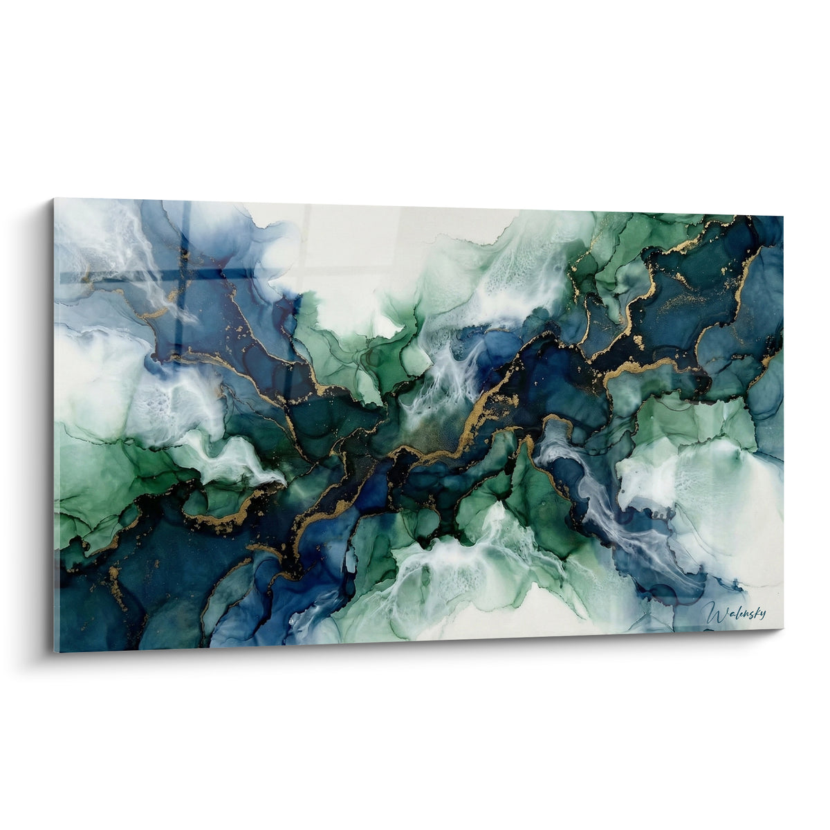 Marbrure abstraite moderne bleu marine et vert sauge veinée d'or, effet liquide et lumineux