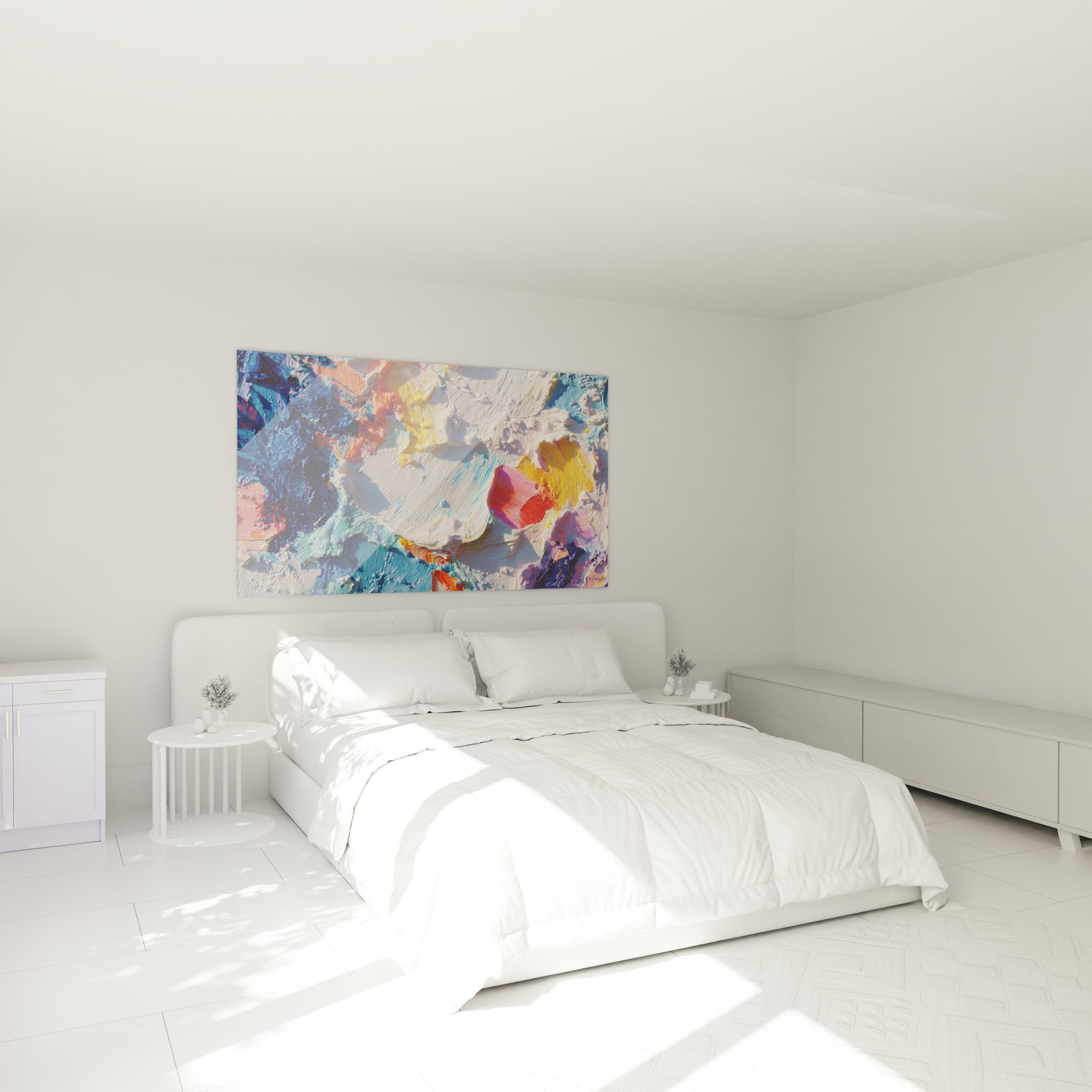 Tableau abstrait moderne installé dans chambre contemporaine avec couleurs vives expressives