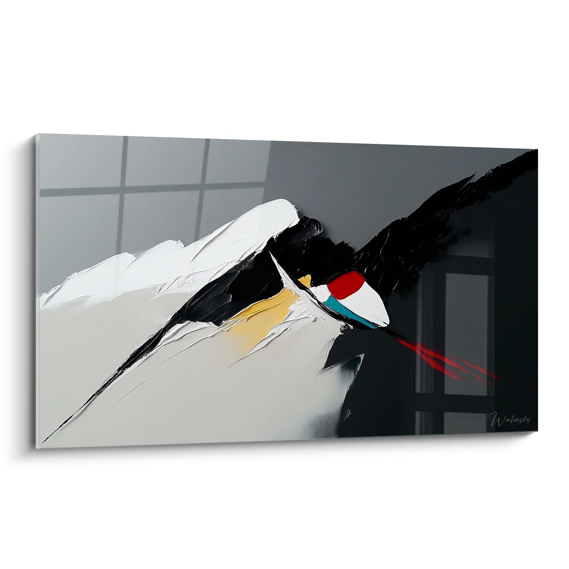 Tableau abstrait moderne aux formes géométriques dynamiques en noir blanc et touches colorées