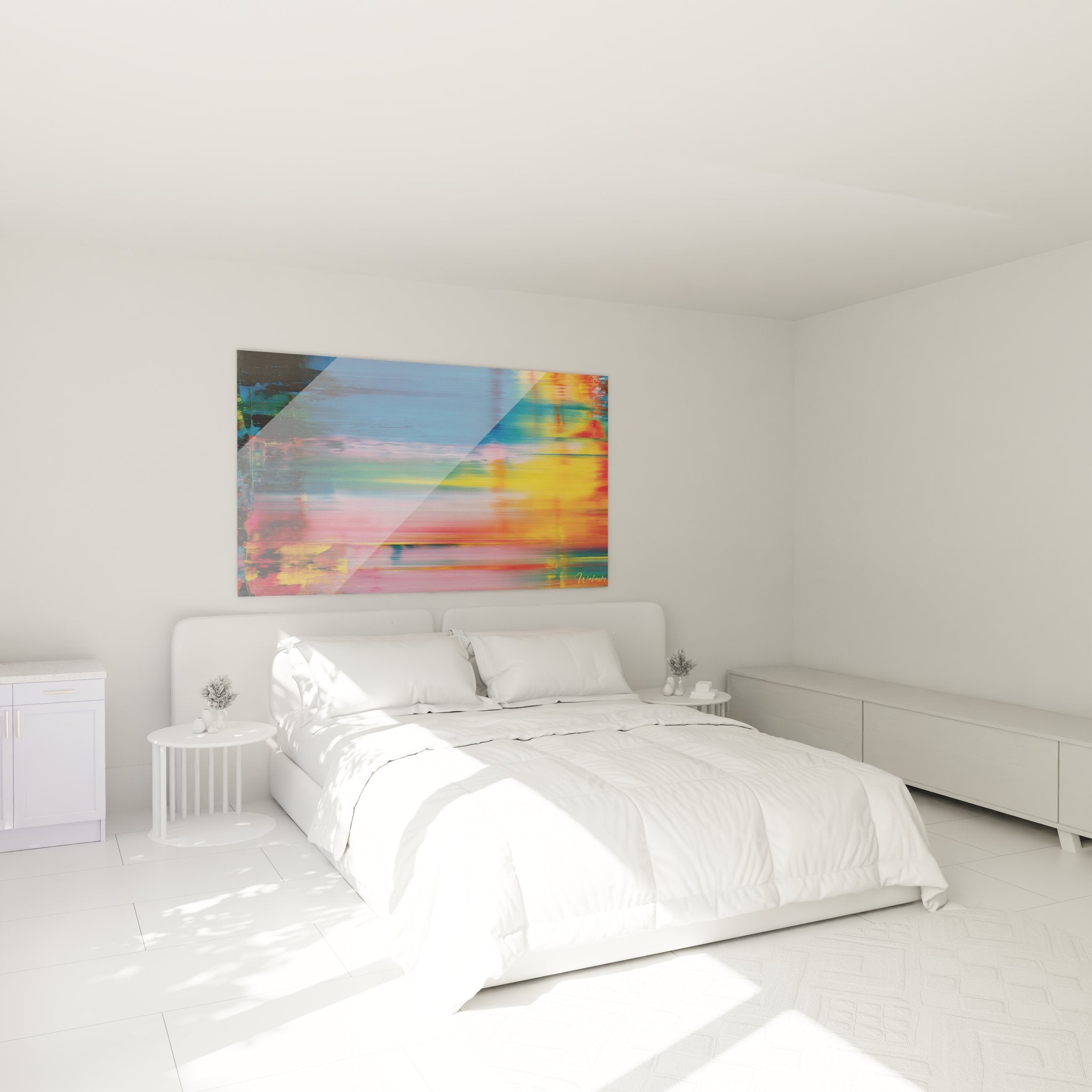 Tableau mural abstrait mouvement coloré dans ambiance chambre décoration moderne contemporaine