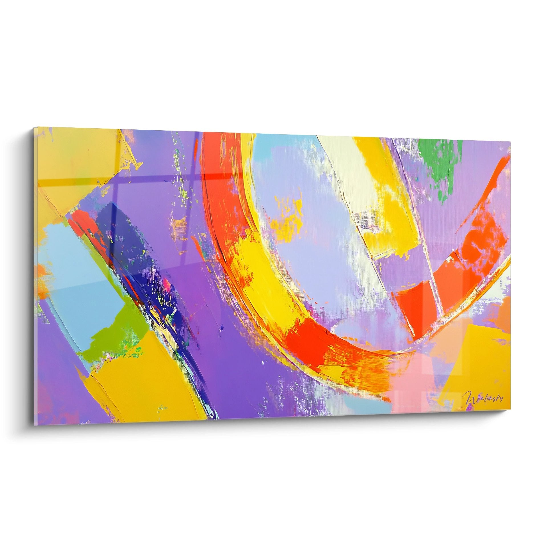 Tableau abstrait aux mouvements colorés avec courbes dynamiques violet jaune orange sur toile moderne