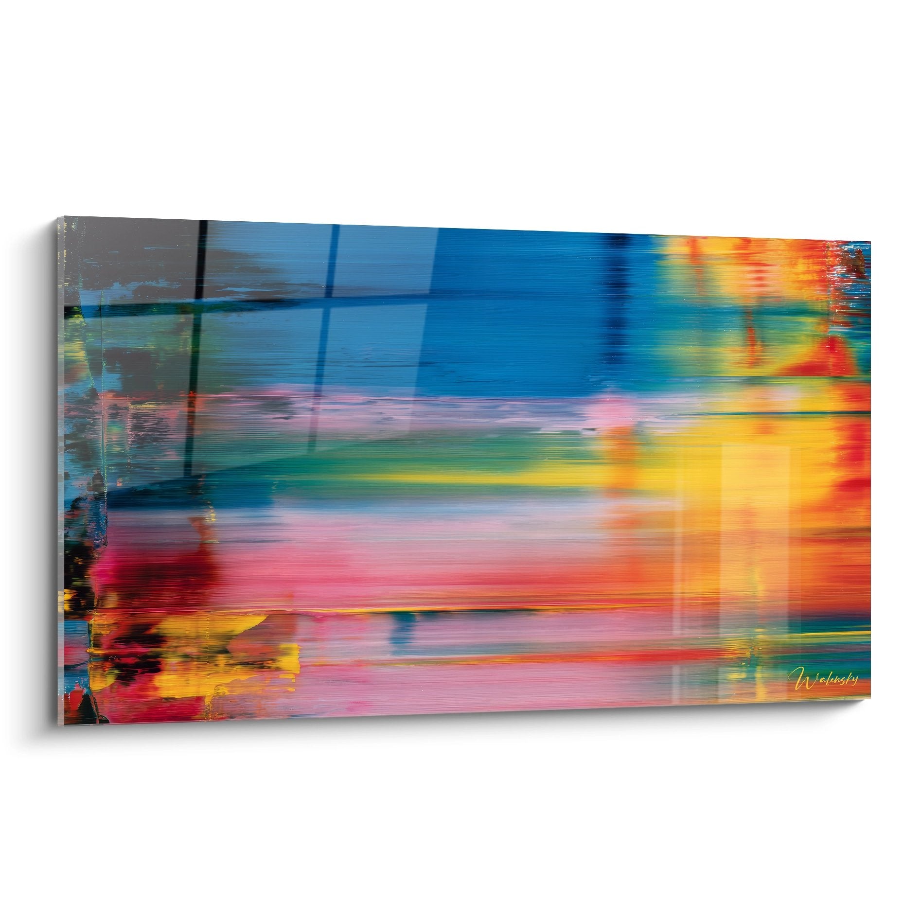 Tableau abstrait mouvement coloré aux teintes vibrantes orange rouge bleu style raclé moderne