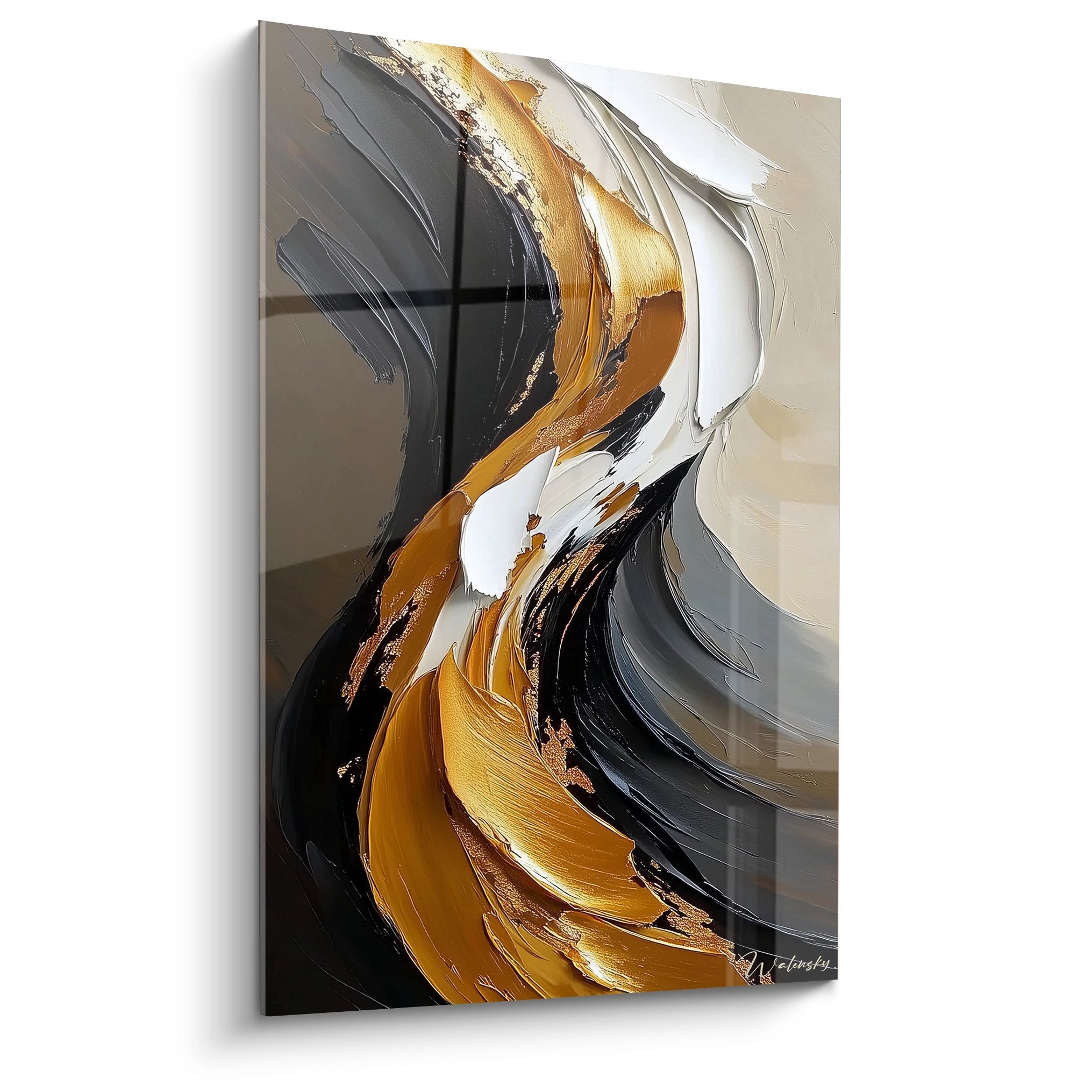 Tableau abstrait aux mouvements fluides dorés et noirs, peinture moderne pour décoration murale contemporaine