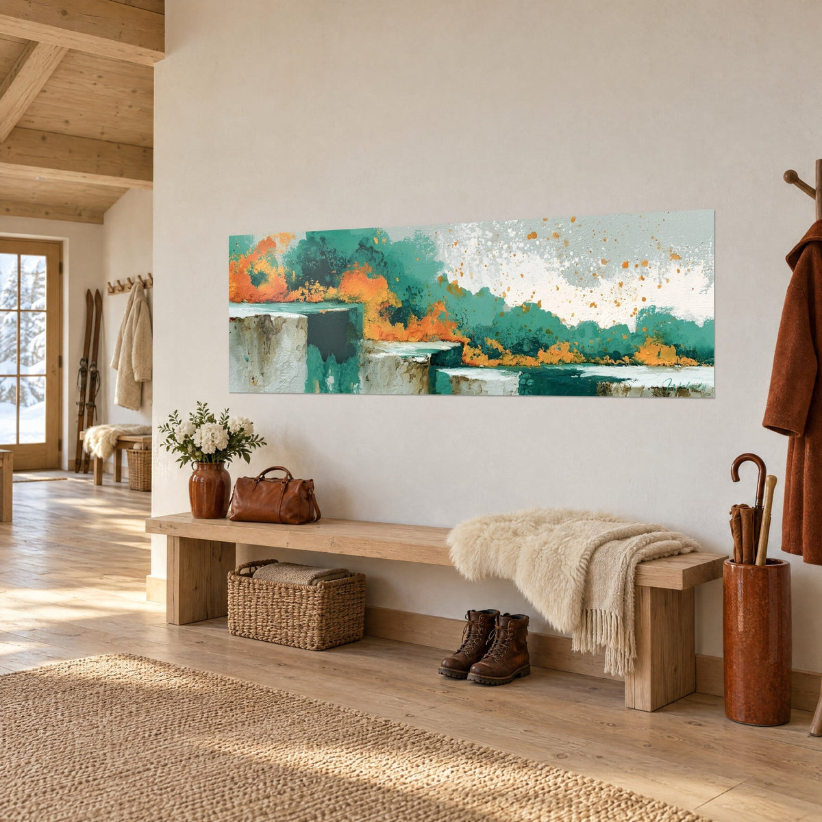 Wall art glowing shoreline with vivid orange foam and teal rock masses, seen three-quarter view on the wall of a chalet entrance