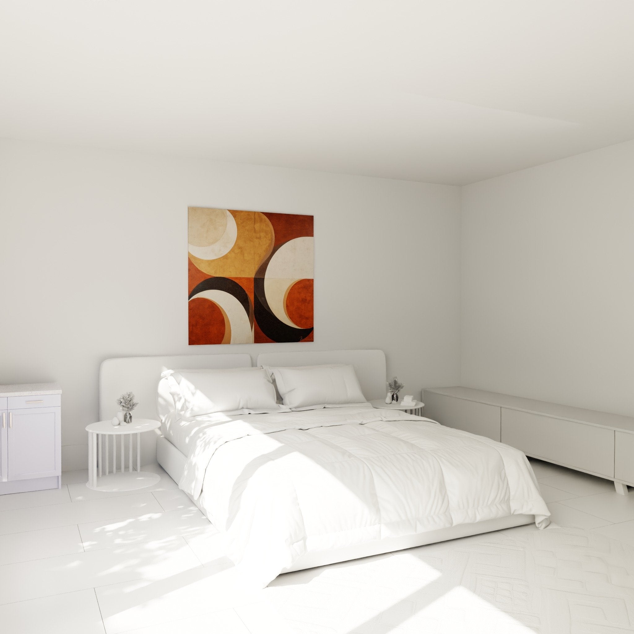 tableau geometrique cercles ocre dans chambre moderne murs blancs decoration feng shui harmonieuse et apaisante