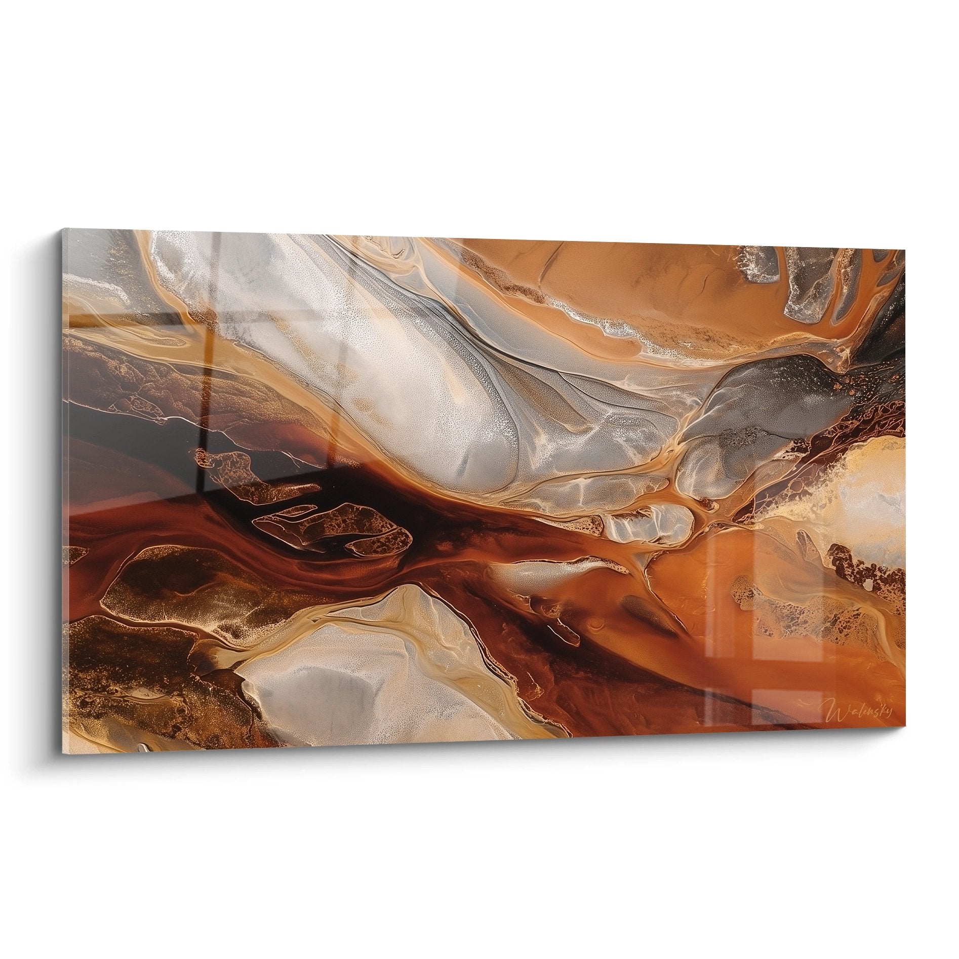 Abstract painting with ochre and burnt sienna flows with golden reflections evoking contemporary African art