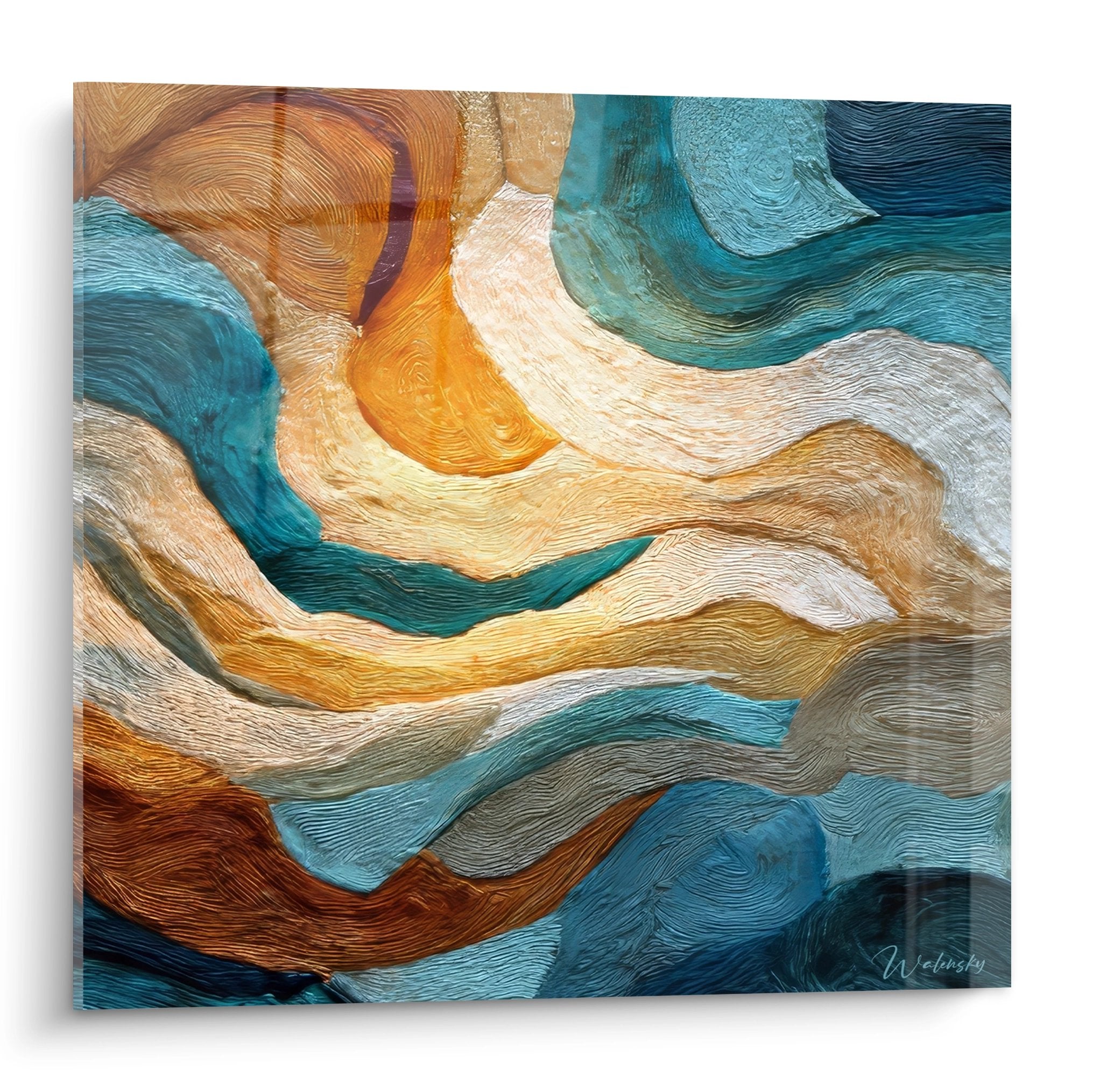 Tableau abstrait aux ondes fluides dorées et turquoise avec textures en relief pour décoration murale moderne