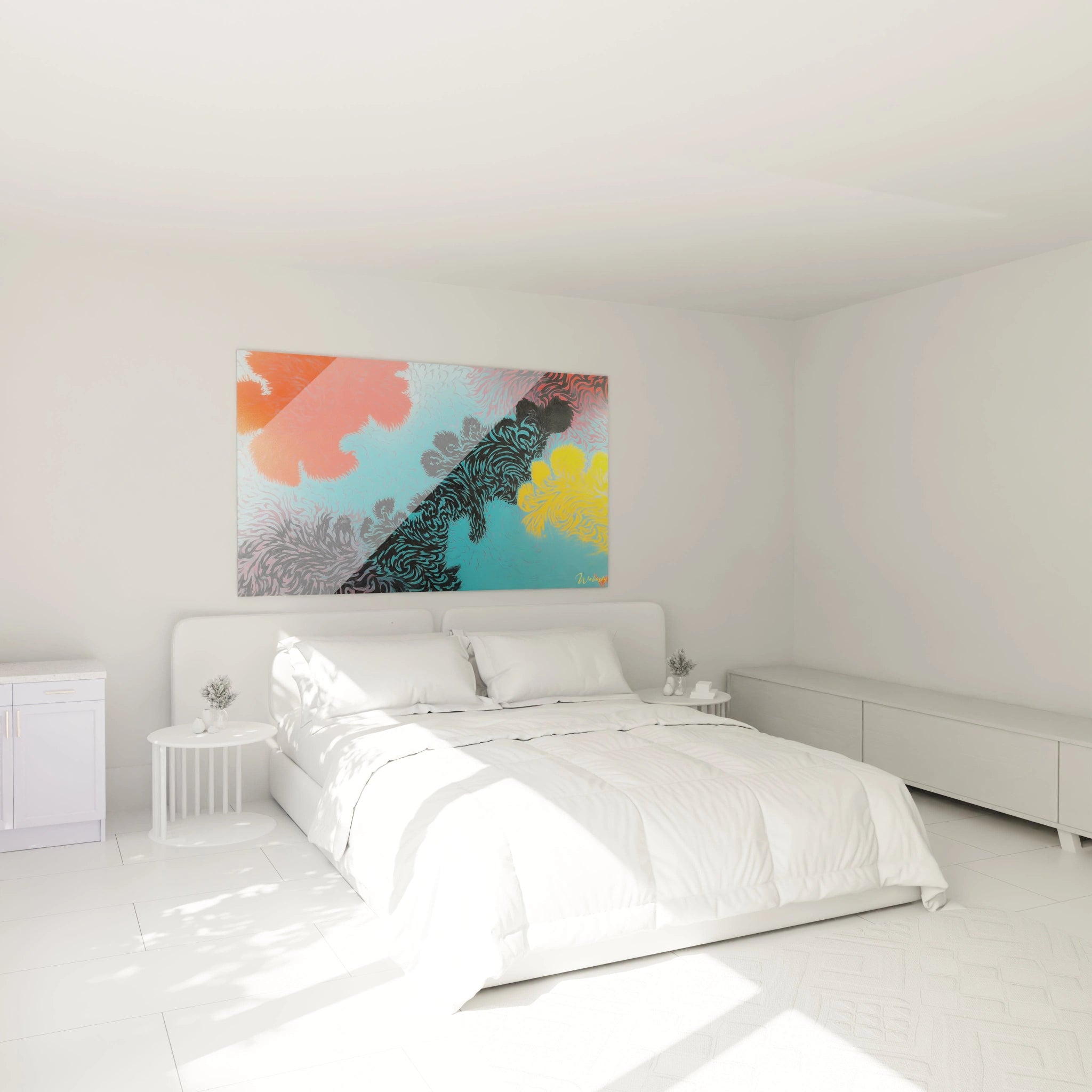 Walensky tableau op art abstrait coloré grand format au dessus d'un lit double dans chambre blanche minimaliste