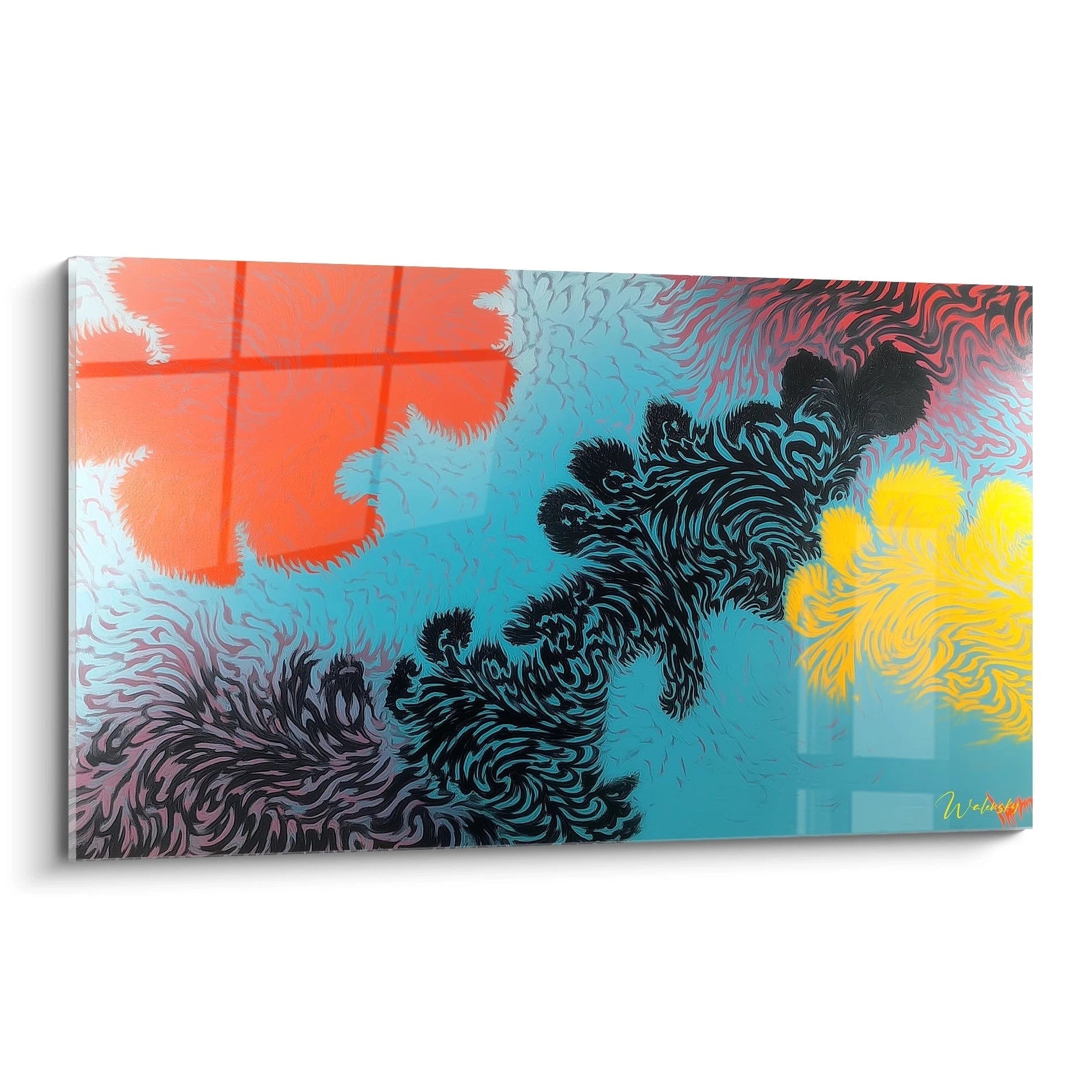 tableau op art abstrait Walensky mural bleu turquoise avec formes rouges, tourbillons noirs et touches jaunes