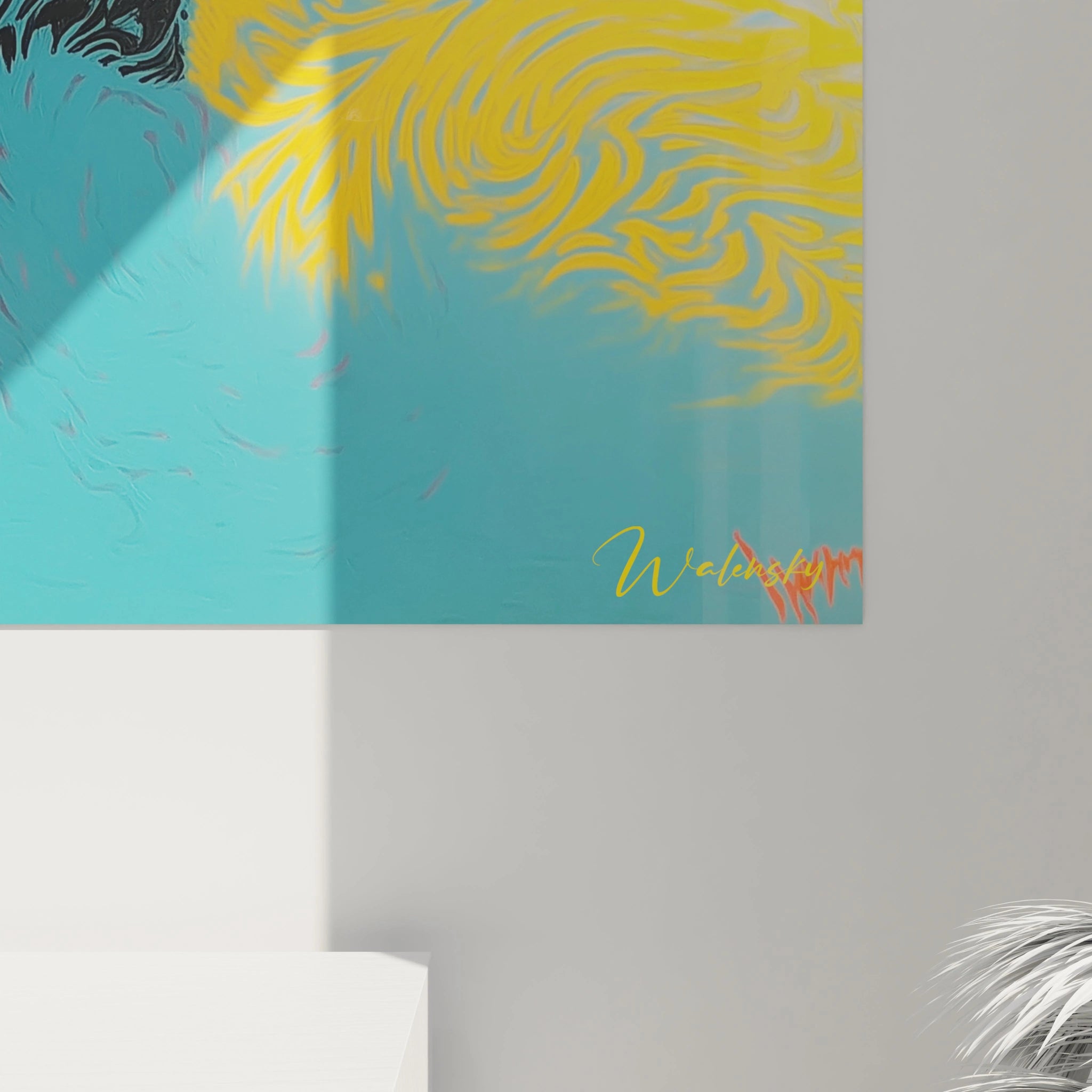 Tableau mural Walensky tableau op art abstrait bleu turquoise et jaune avec texture tourbillonnante et signature
