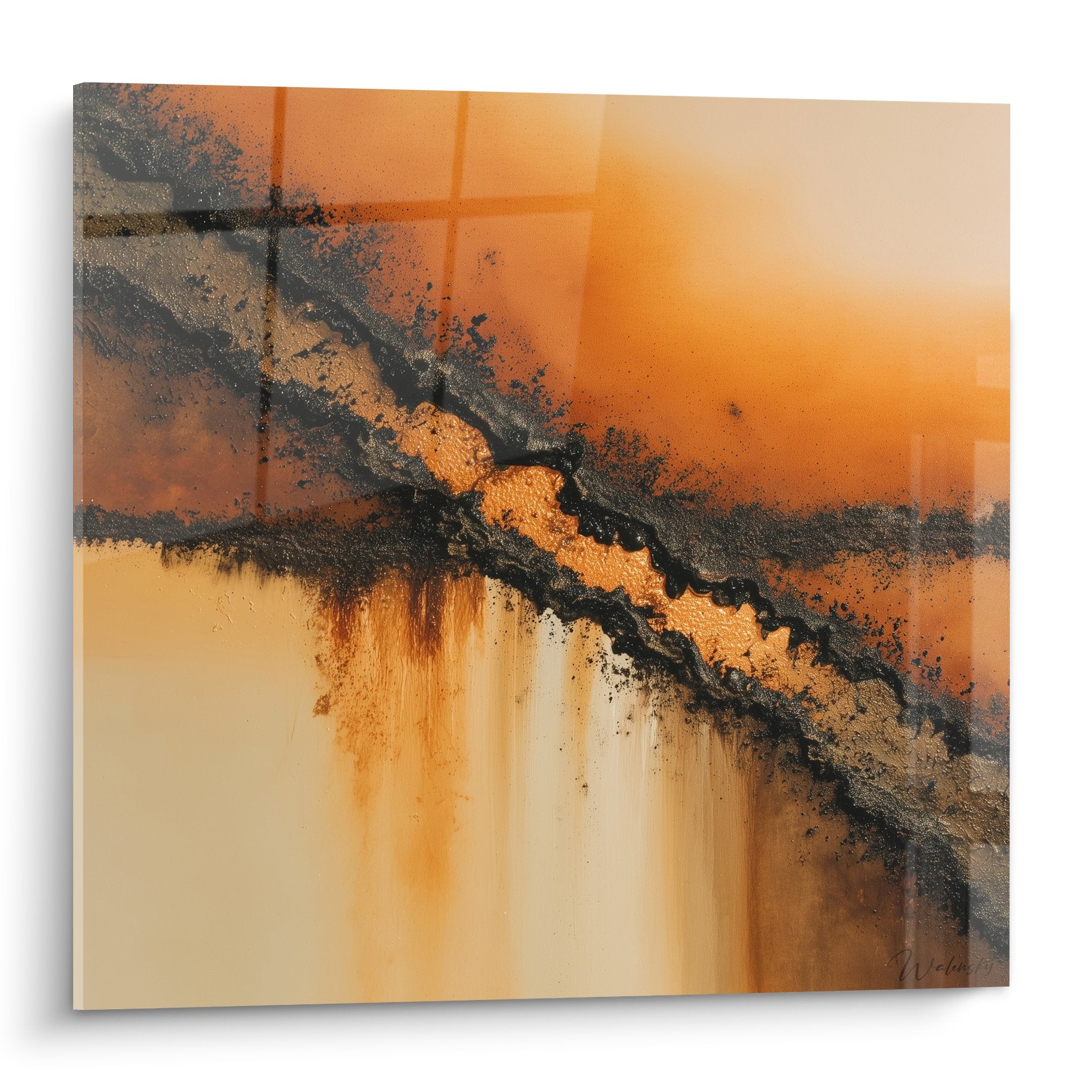 Tableau abstrait orange et noir avec coulures verticales, harmonie terrestre feng shui centre terre