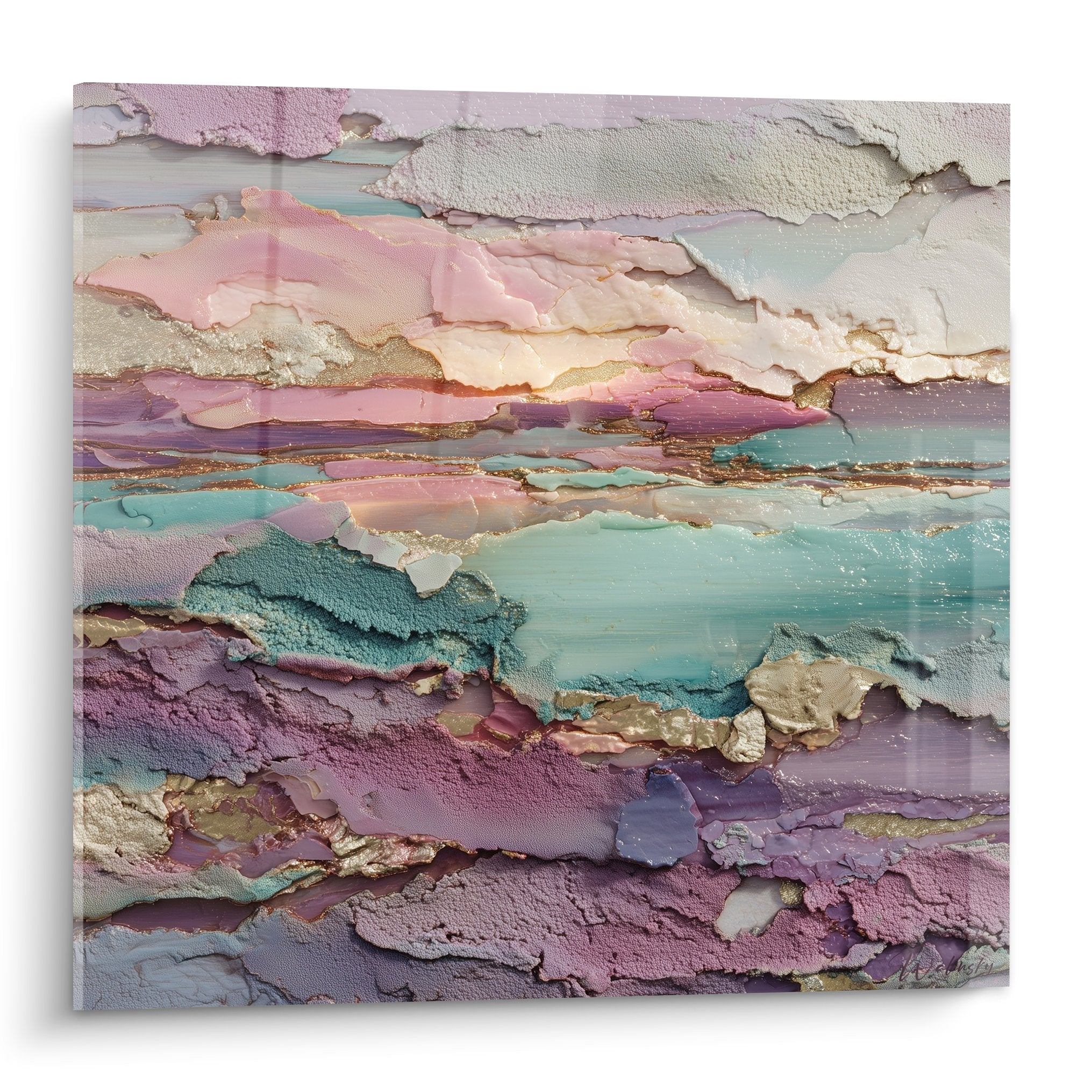 tableau abstrait aux nuances pastel roses lilas turquoise avec veines dorees en relief feng shui sud est bois