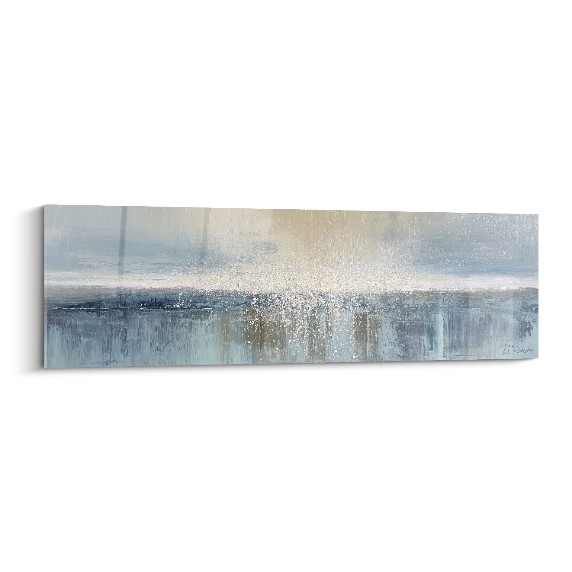 Tableau abstrait paysage marin tons bleus crème avec éclaboussures blanches centrales feng shui ouest métal