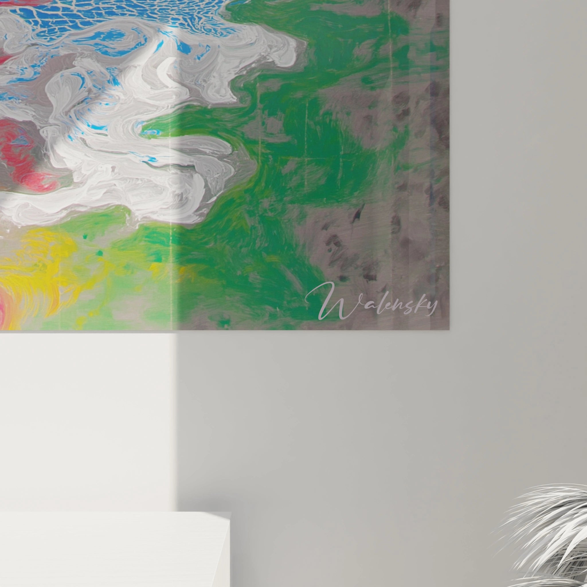 Walensky tableau op art abstrait mural coloré vert blanc bleu jaune vue partielle accrochée dans une pièce minimaliste